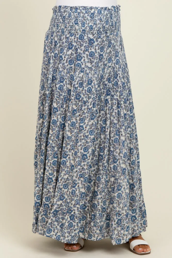 Blue Floral Smocked Waist Tiered Maternity Maxi Skirt sold by Pinkblush product image thumbnail 3