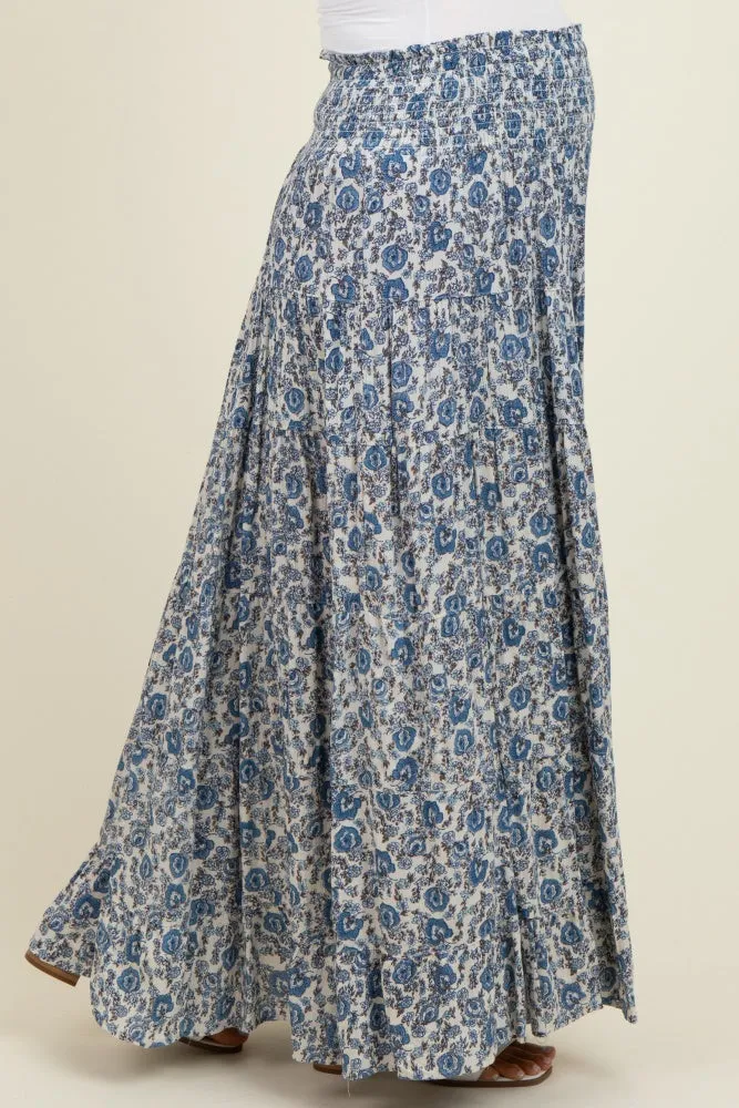 Blue Floral Smocked Waist Tiered Maternity Maxi Skirt sold by Pinkblush product image thumbnail 4