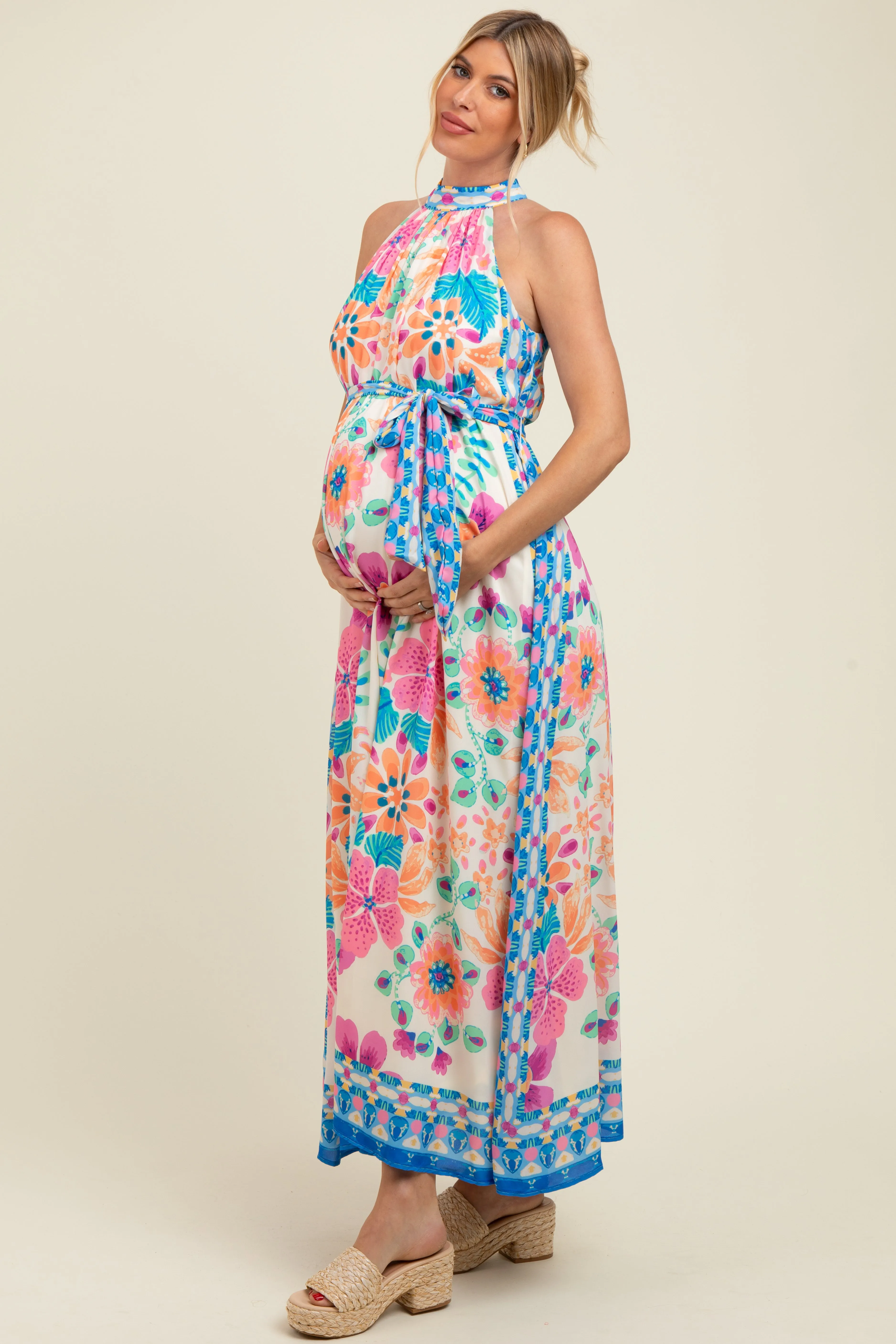 Pink Floral Border Print Halter Maternity Maxi Dress sold by Pinkblush product image thumbnail 2