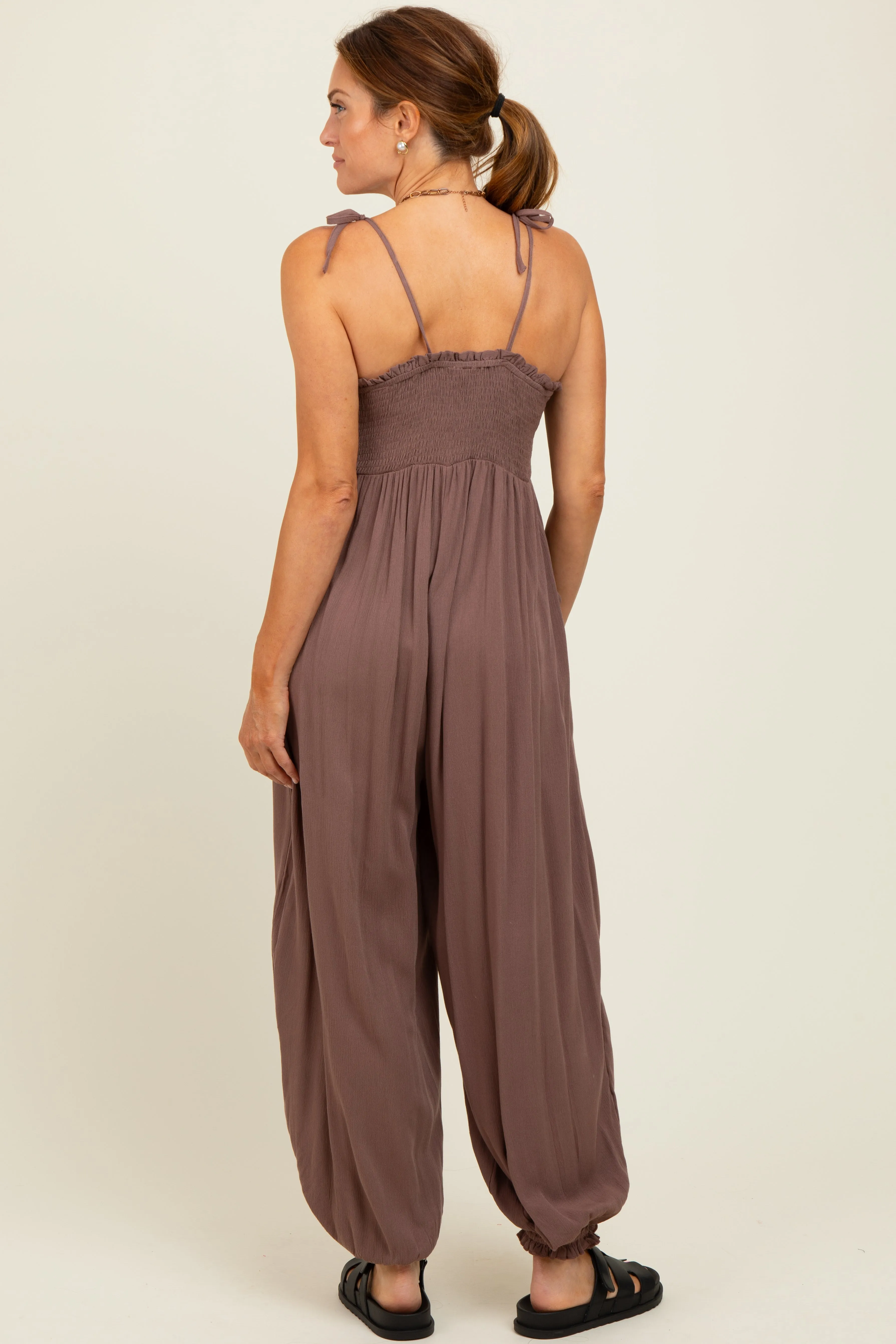 Mocha Smocked Button Front Shoulder Tie Jumpsuit sold by Pinkblush product image thumbnail 4