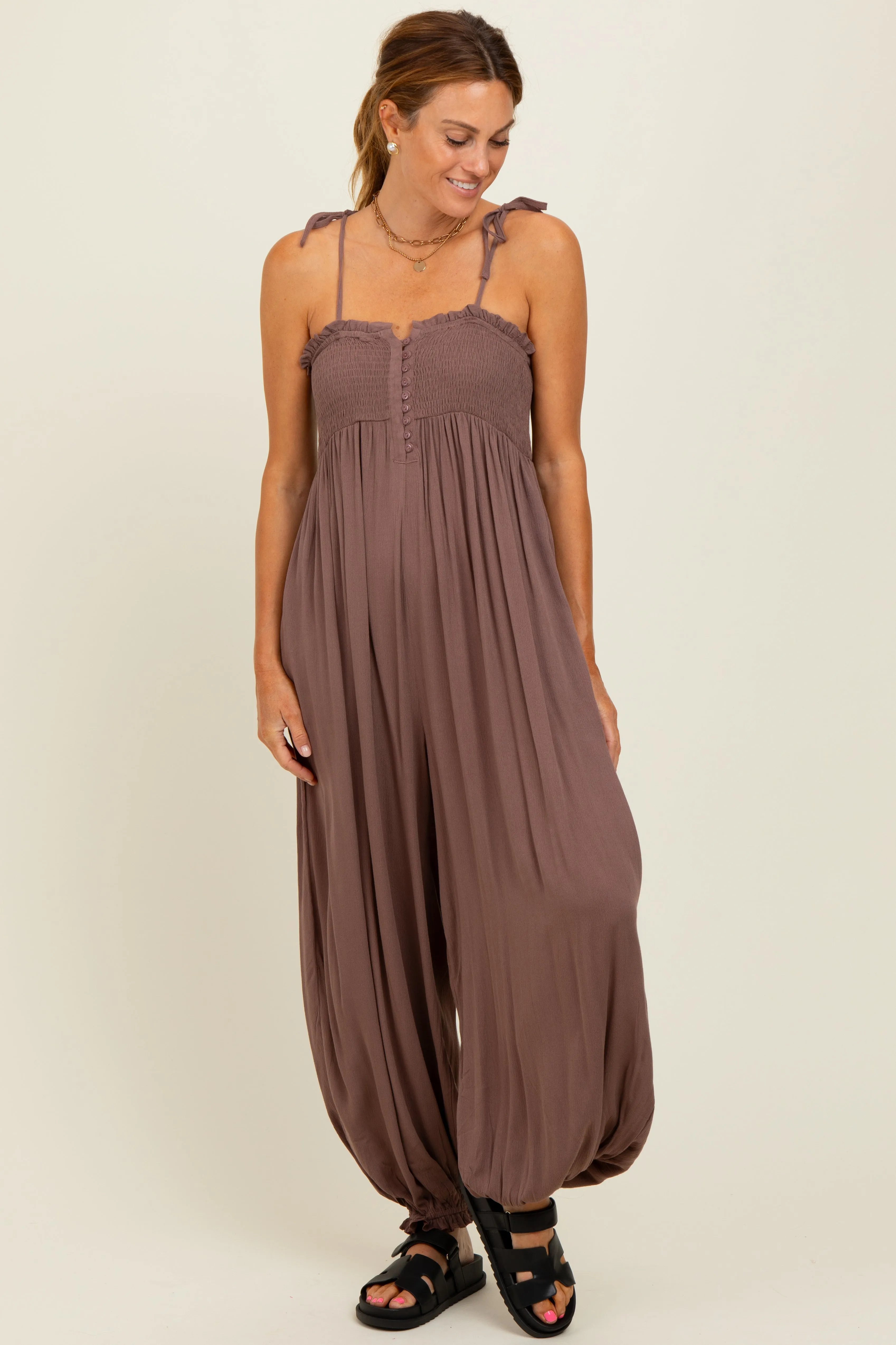 Mocha Smocked Button Front Shoulder Tie Jumpsuit sold by Pinkblush product image thumbnail 2