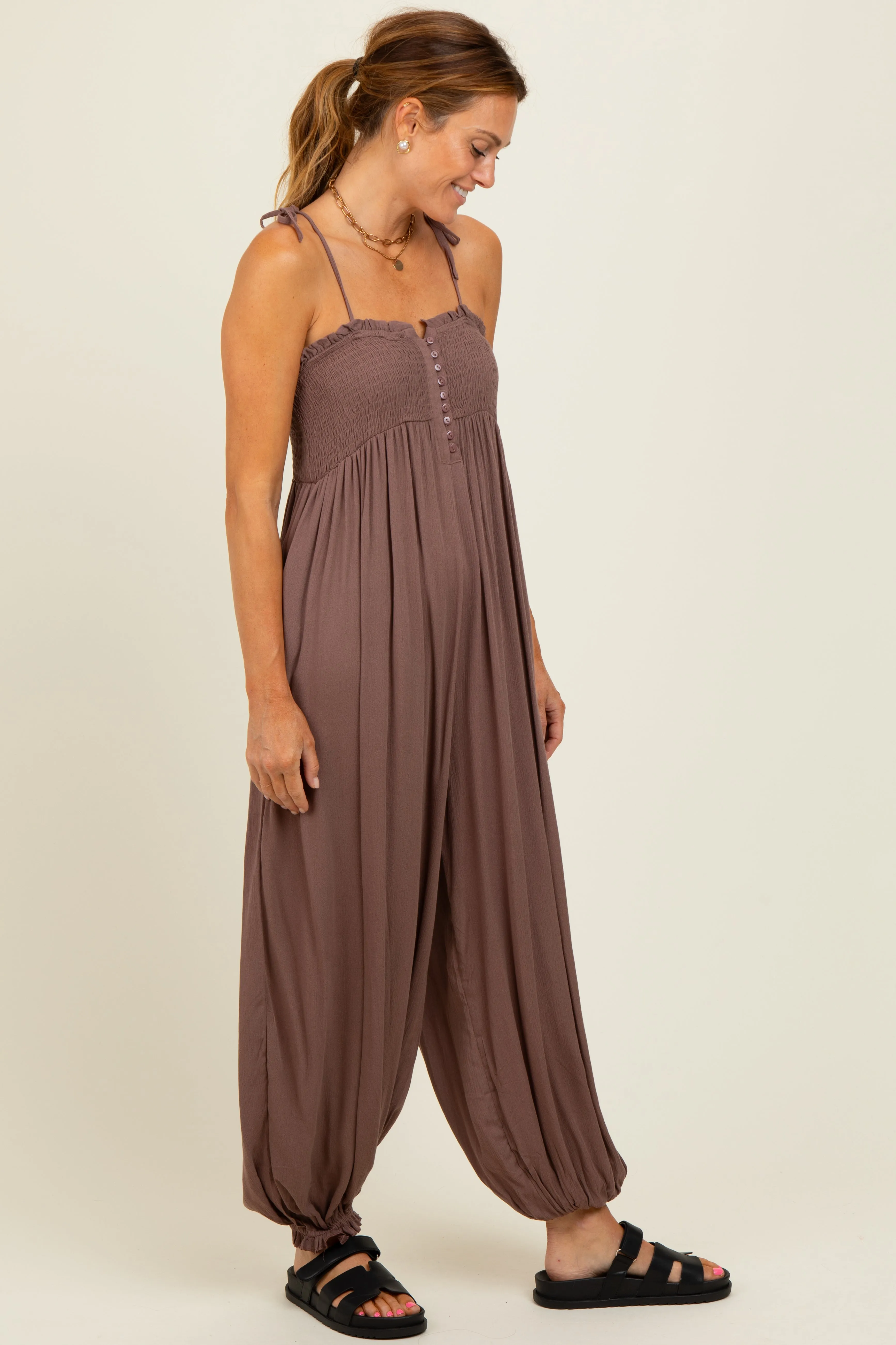 Mocha Smocked Button Front Shoulder Tie Jumpsuit sold by Pinkblush product image thumbnail 3