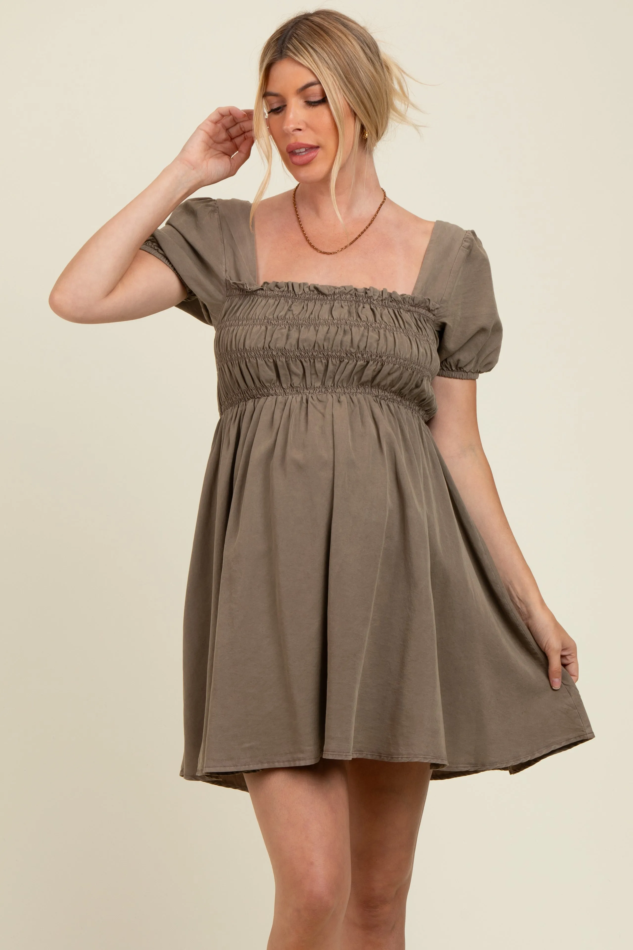 Olive Smocked Puff Sleeve Maternity Mini Dress sold by Pinkblush product image thumbnail 2