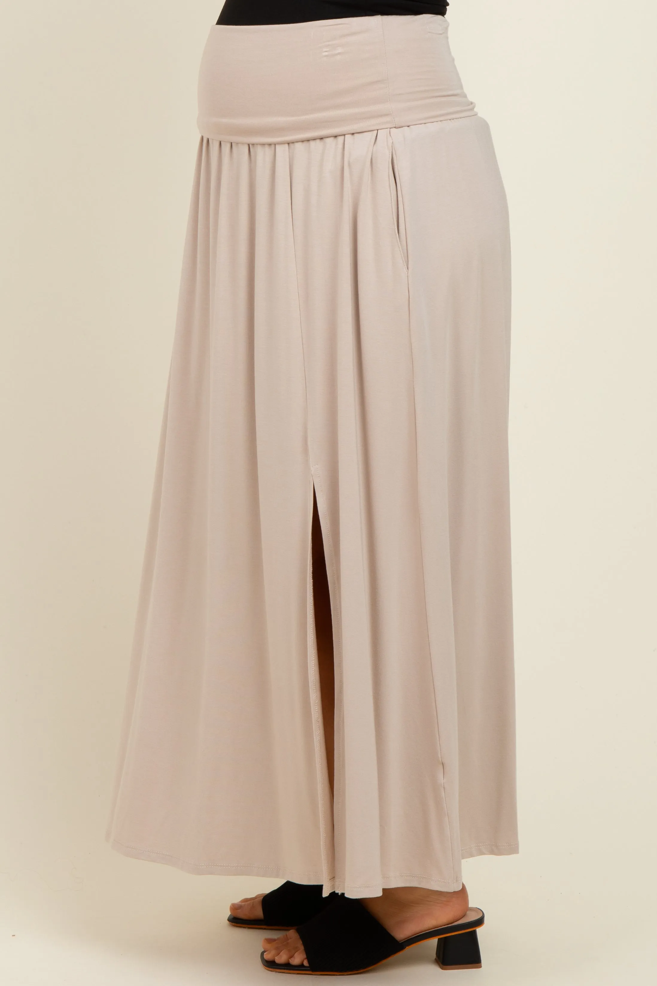 Beige Foldover Waist Side Slit Maternity Maxi Skirt sold by Pinkblush product image thumbnail 3