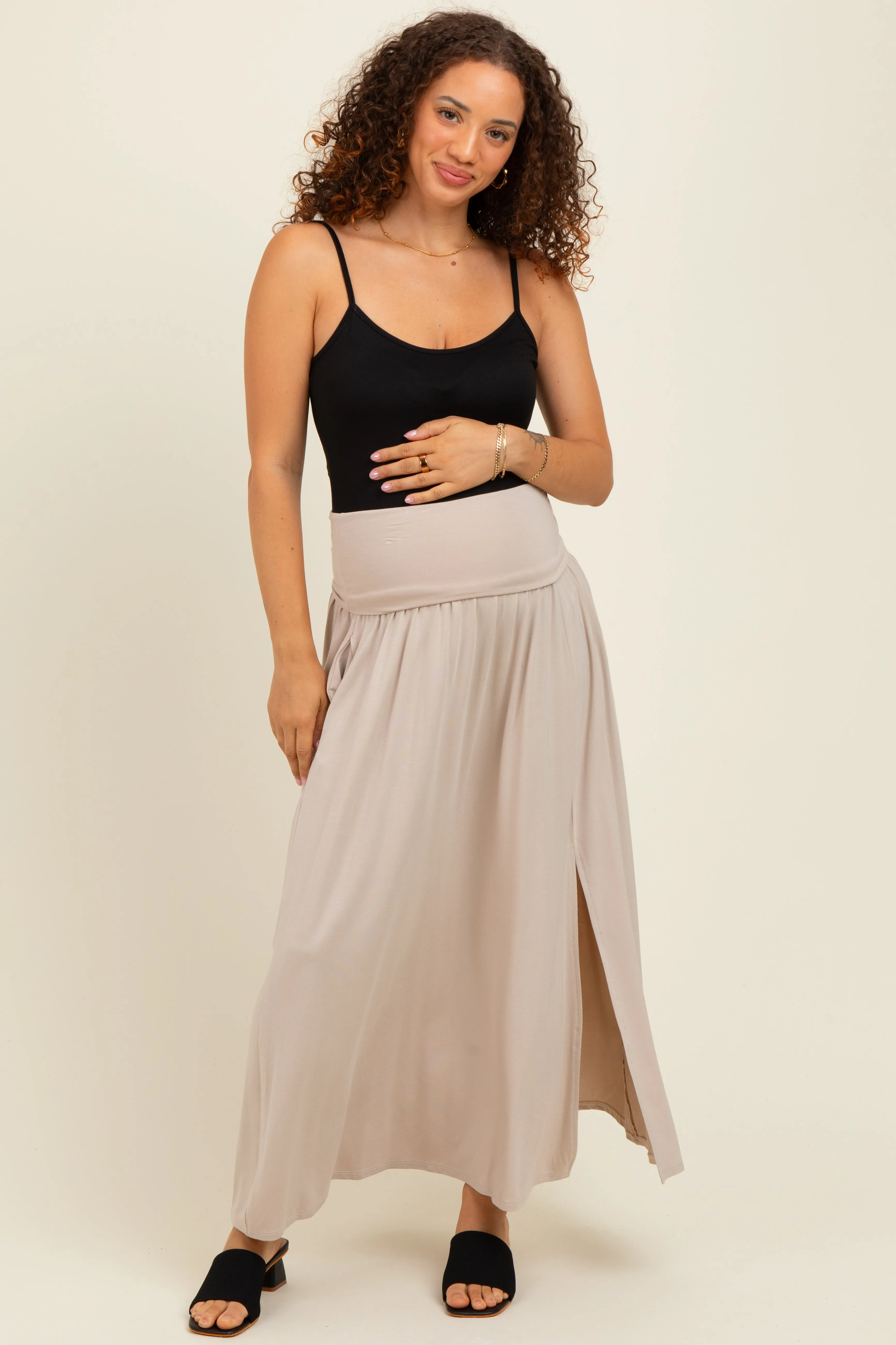 Beige Foldover Waist Side Slit Maternity Maxi Skirt sold by Pinkblush