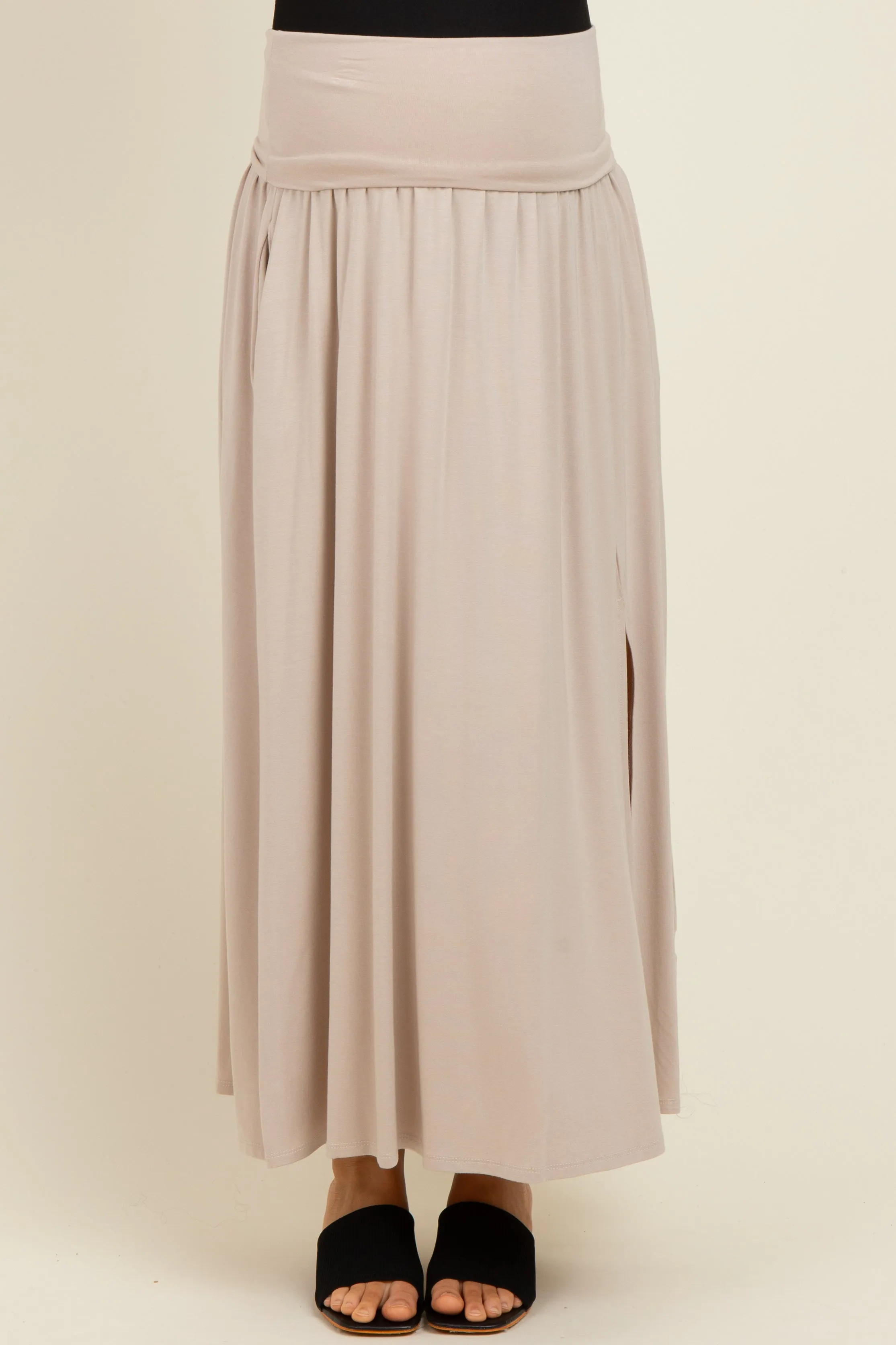 Beige Foldover Waist Side Slit Maternity Maxi Skirt sold by Pinkblush product image thumbnail 2