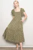 Olive Floral Smocked Flutter Sleeve Midi Dress sold by Pinkblush