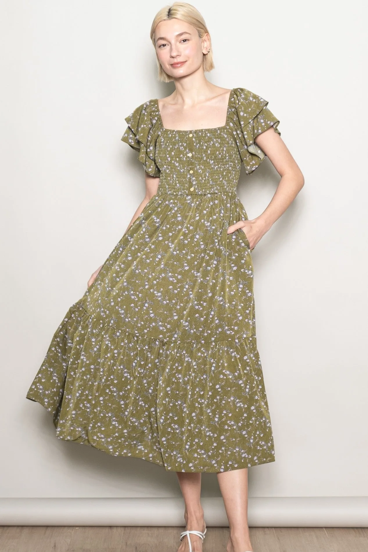 Olive Floral Smocked Flutter Sleeve Midi Dress sold by Pinkblush