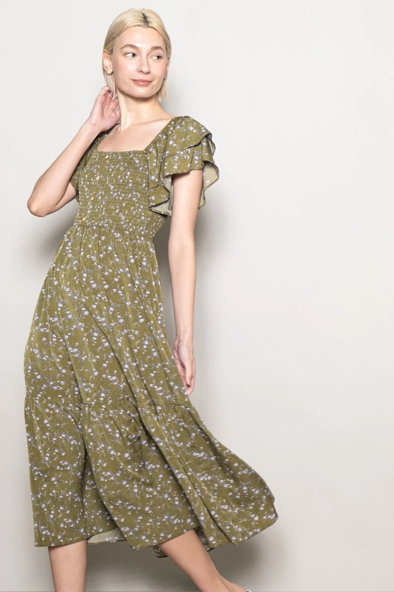 Olive Floral Smocked Flutter Sleeve Midi Dress sold by Pinkblush product image thumbnail 2