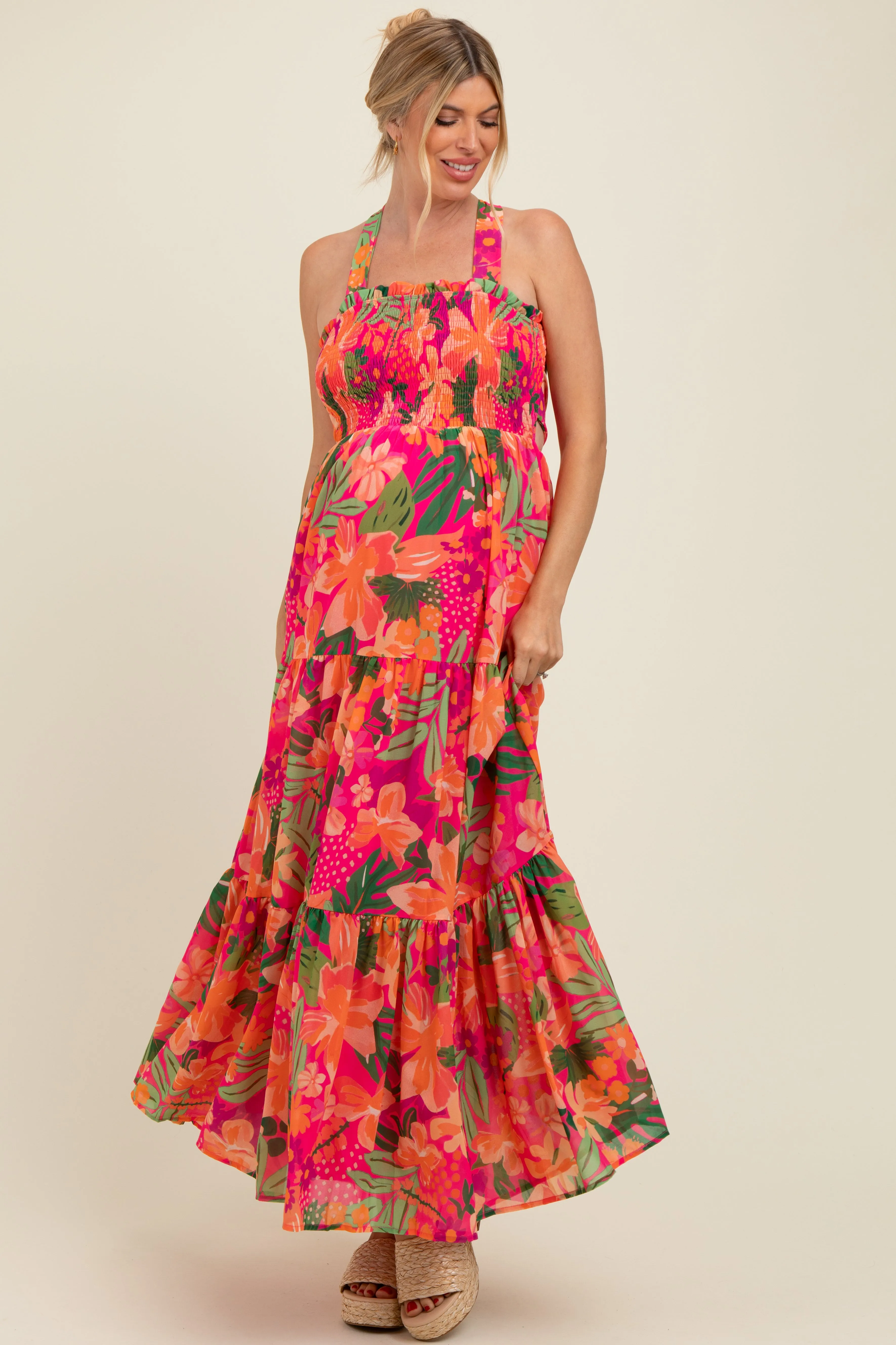 Fuchsia Tropical Print Smocked Crisscross Open Back Maternity Maxi Dress sold by Pinkblush product image thumbnail 2