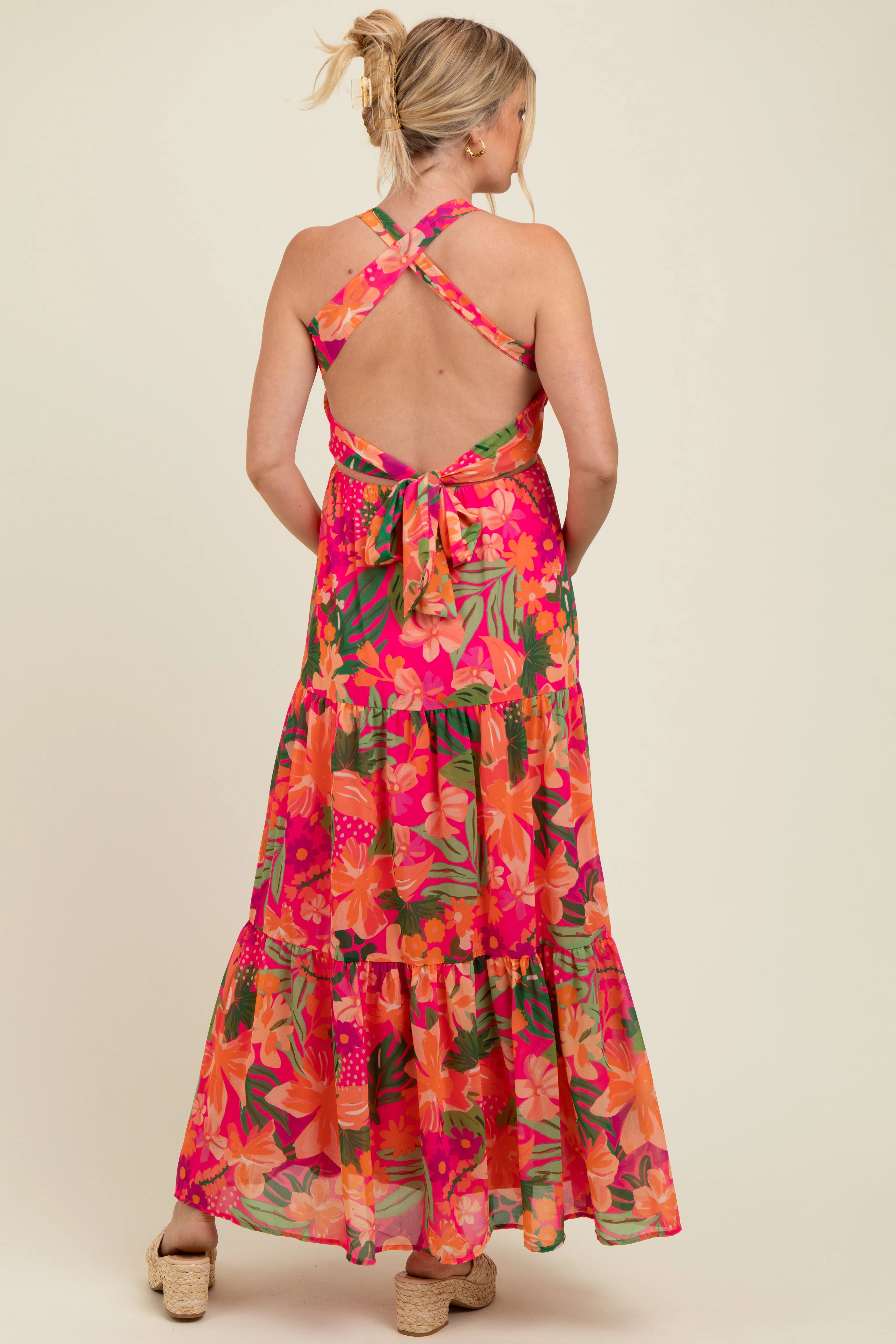 Fuchsia Tropical Print Smocked Crisscross Open Back Maternity Maxi Dress sold by Pinkblush product image thumbnail 3