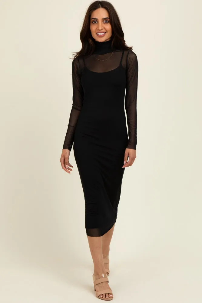 Black Mesh Overlay Fitted Midi Dress sold by Pinkblush product image thumbnail 2