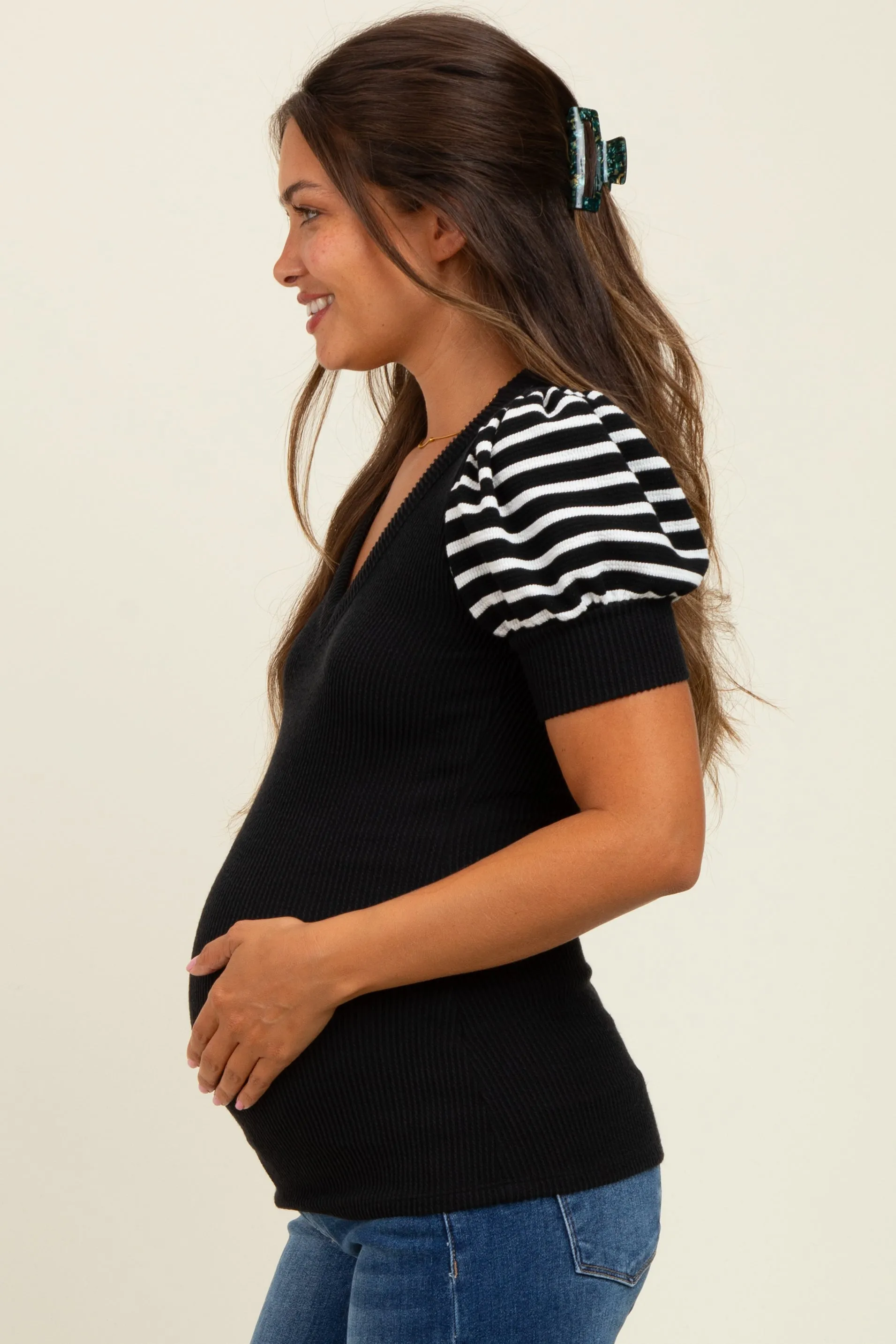 Black/Black Striped Ribbed Short Puff Sleeve V-Neck Maternity Top sold by Pinkblush product image thumbnail 3