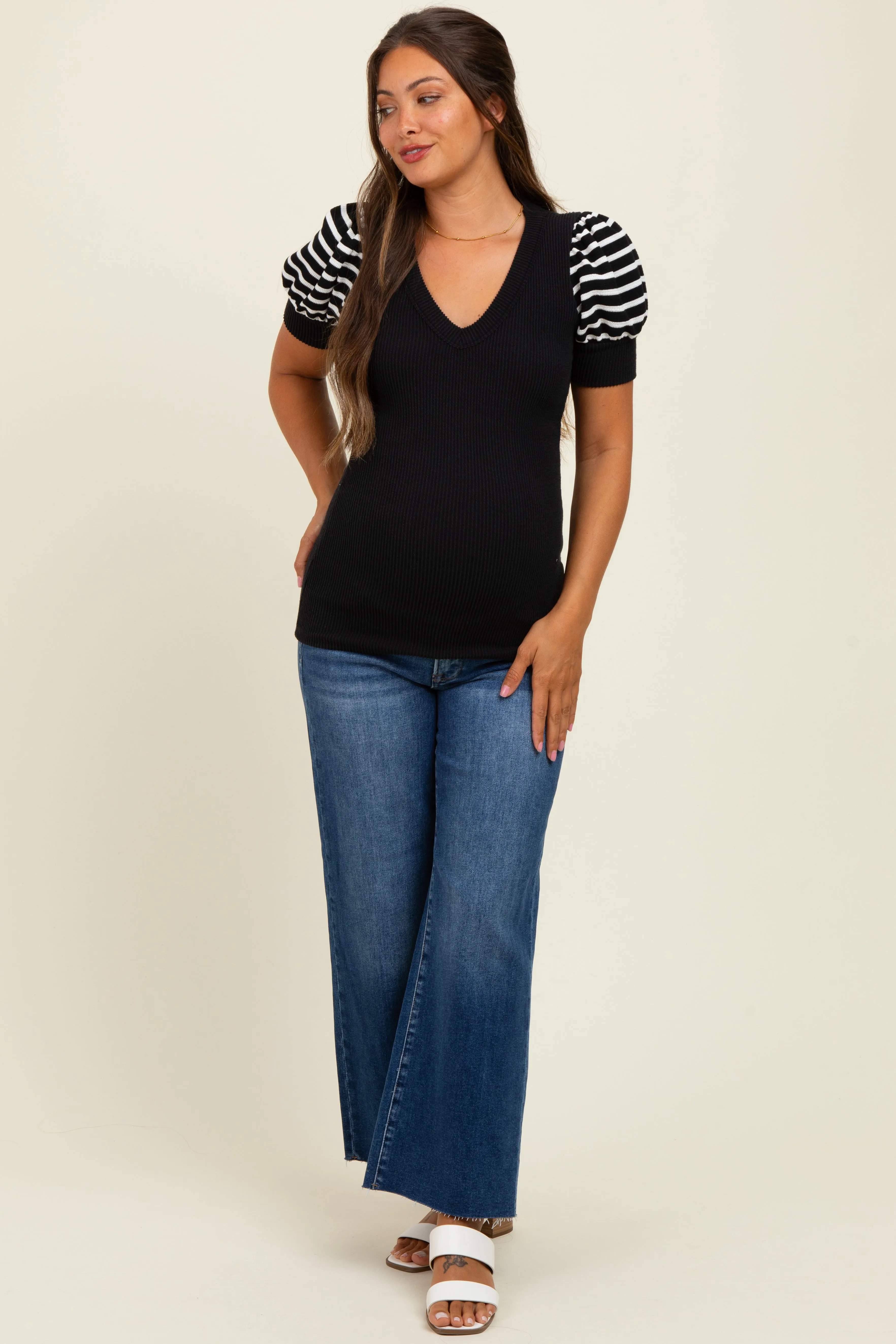 Black/Black Striped Ribbed Short Puff Sleeve V-Neck Maternity Top sold by Pinkblush product image thumbnail 2