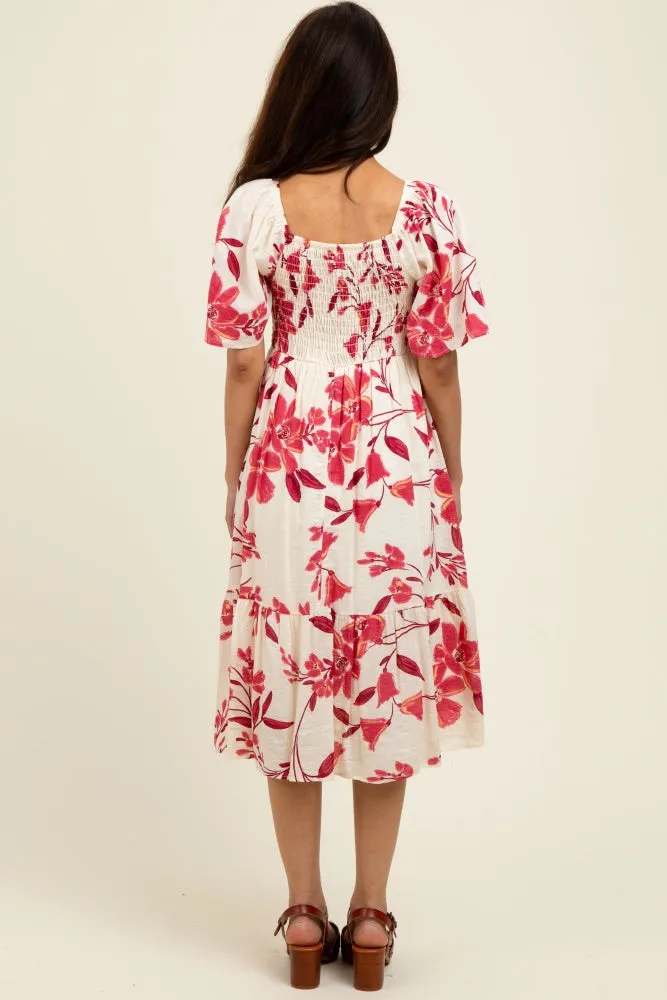 Fuchsia Floral Smocked Flutter Sleeve Midi Dress sold by Pinkblush product image thumbnail 3