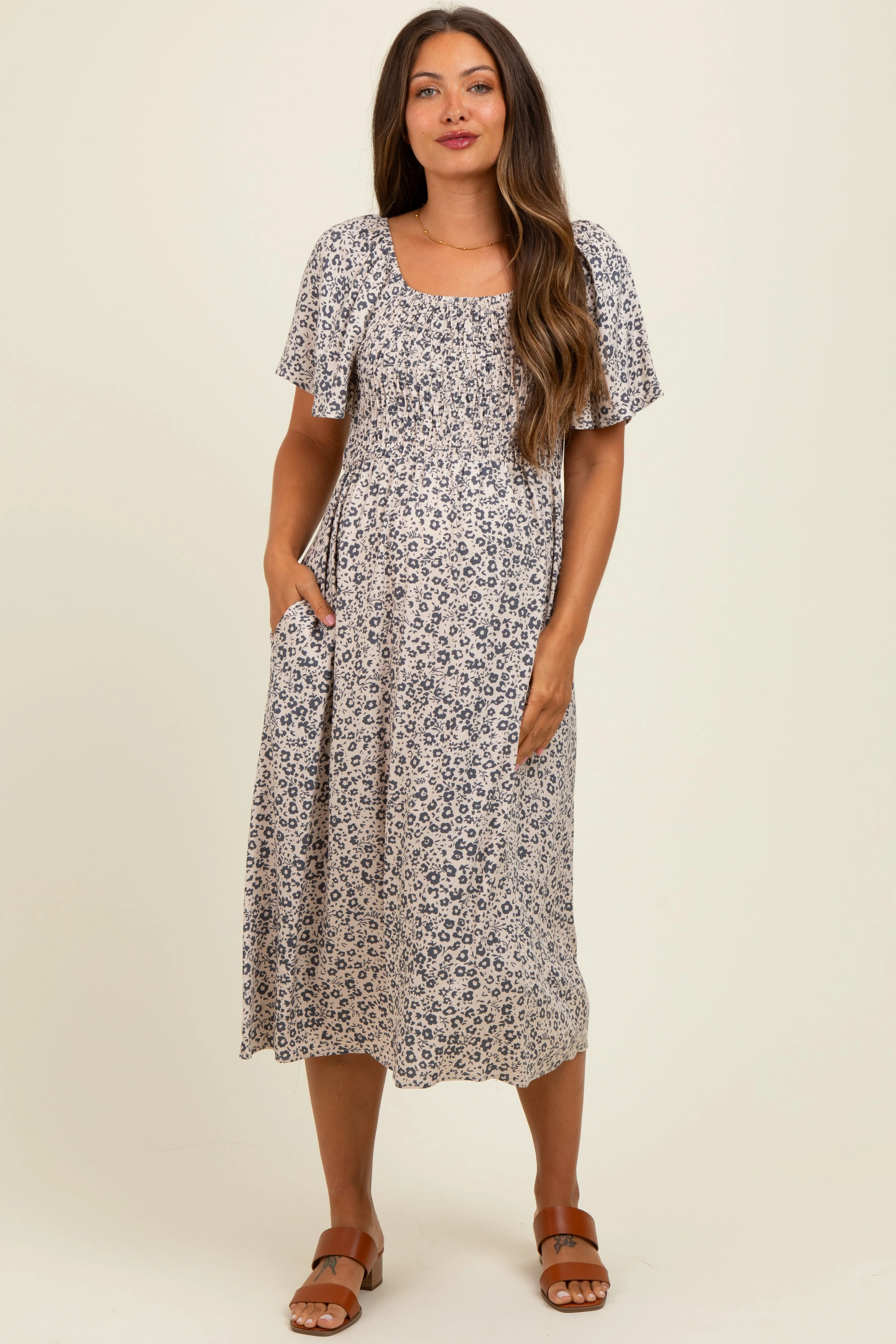 Taupe/Black Printed Maternity Dress With Pockets sold by Pinkblush