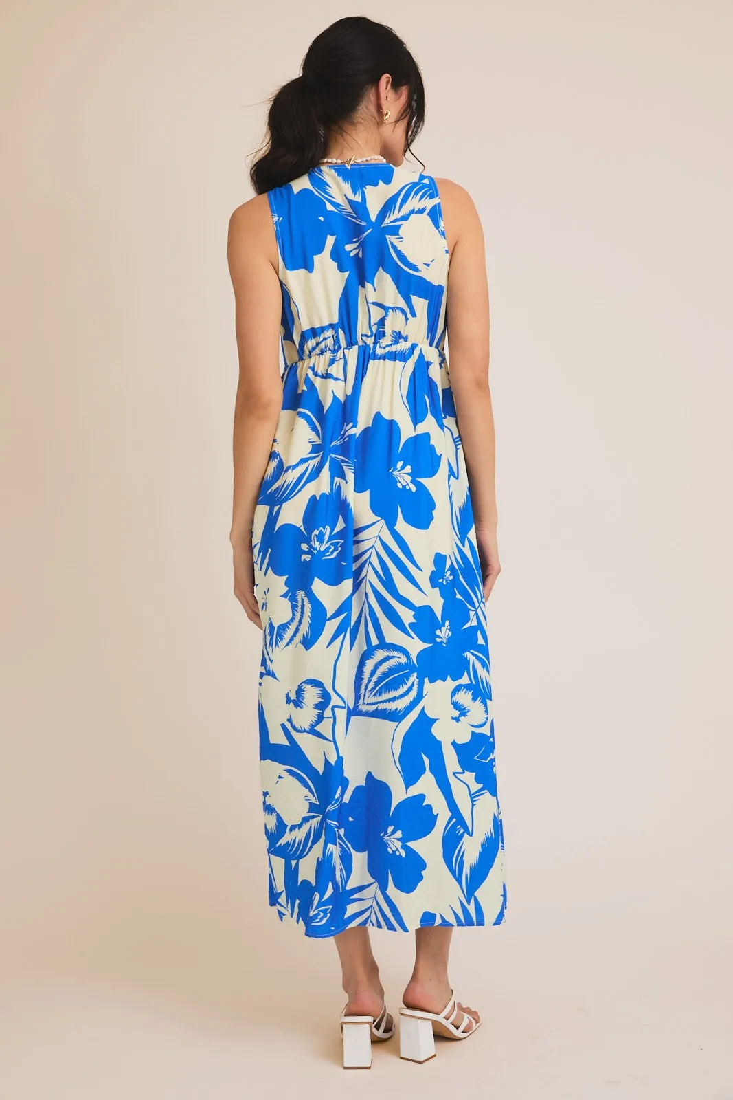 Blue Tropical Print Front Tie Sleeveless Button Up Dress sold by Pinkblush product image thumbnail 4