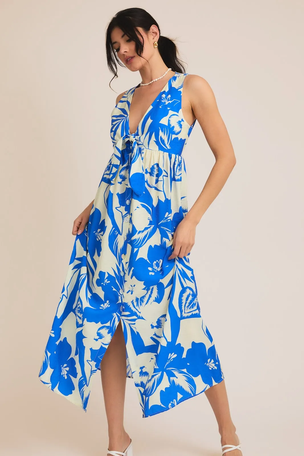 Blue Tropical Print Front Tie Sleeveless Button Up Dress sold by Pinkblush