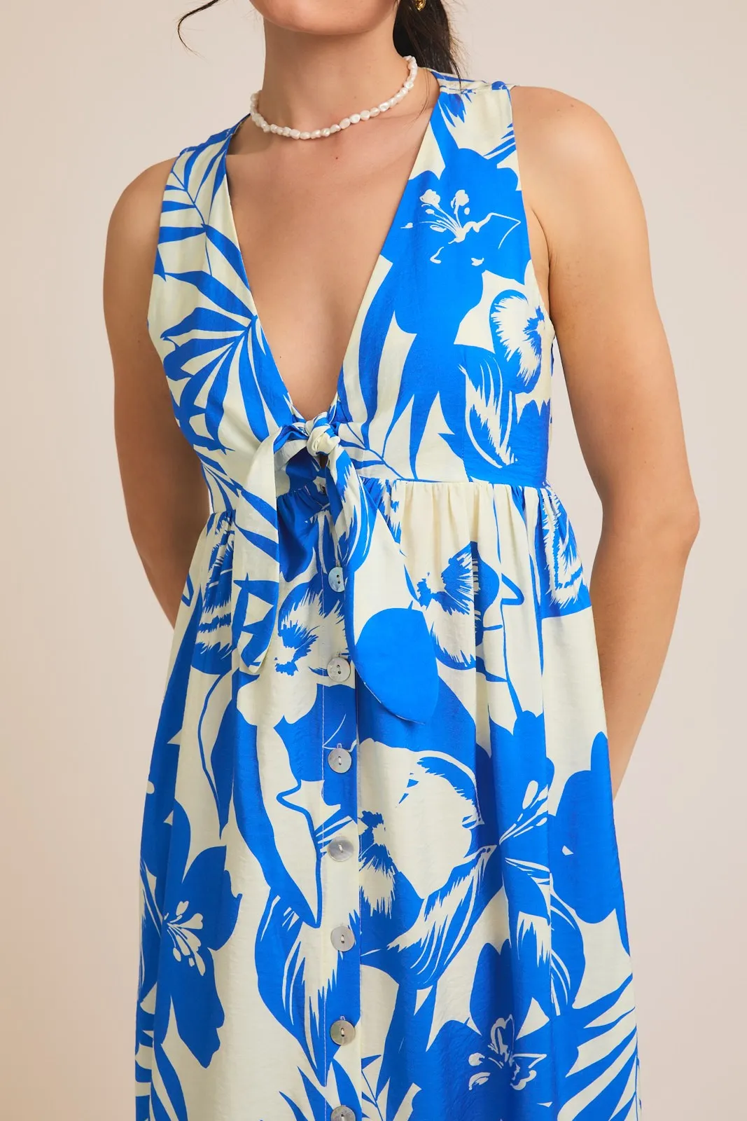 Blue Tropical Print Front Tie Sleeveless Button Up Dress sold by Pinkblush product image thumbnail 5
