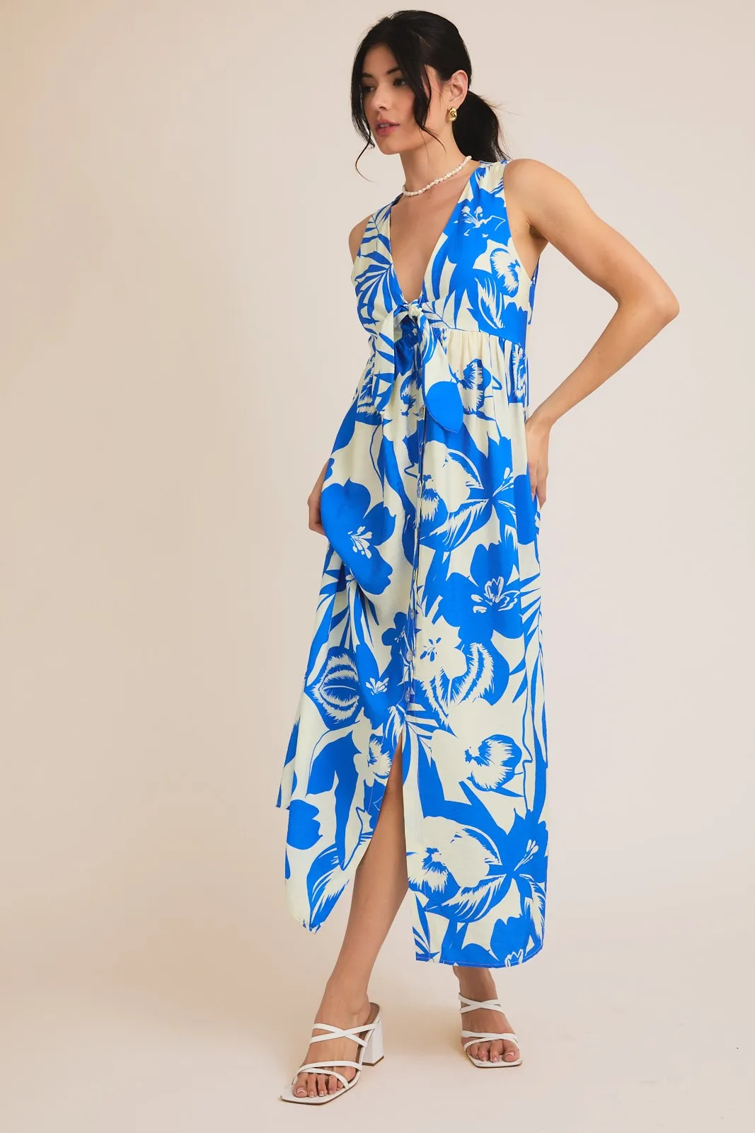 Blue Tropical Print Front Tie Sleeveless Button Up Dress sold by Pinkblush product image thumbnail 2