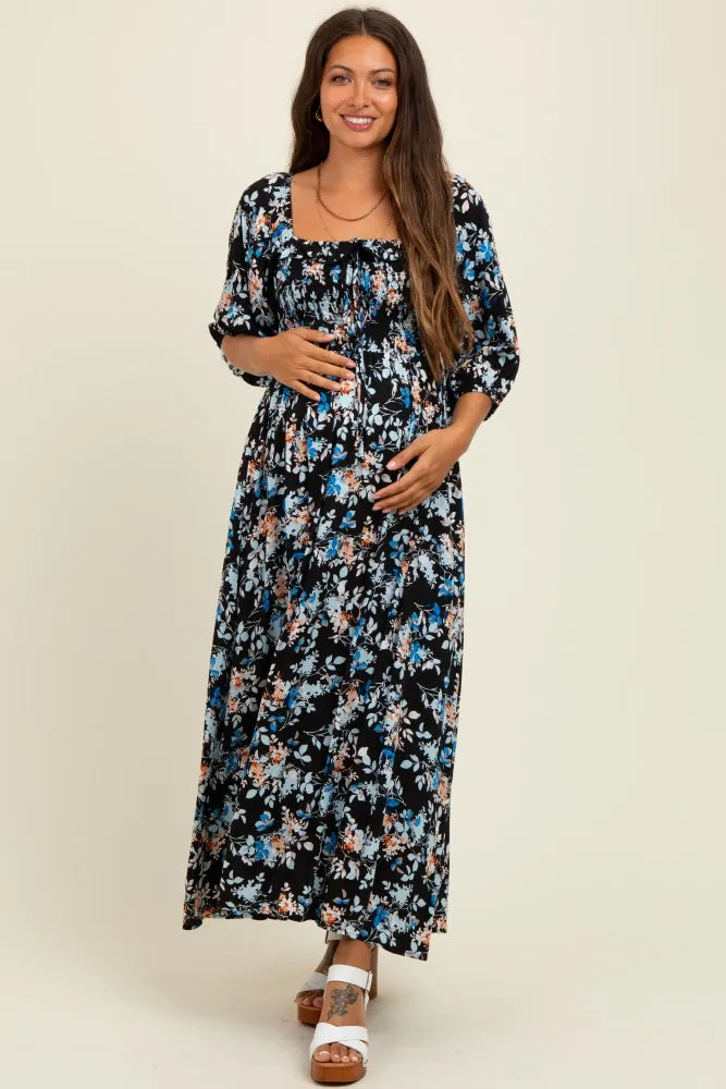 Black Floral Smocked Front Tie Maternity Maxi Dress sold by Pinkblush