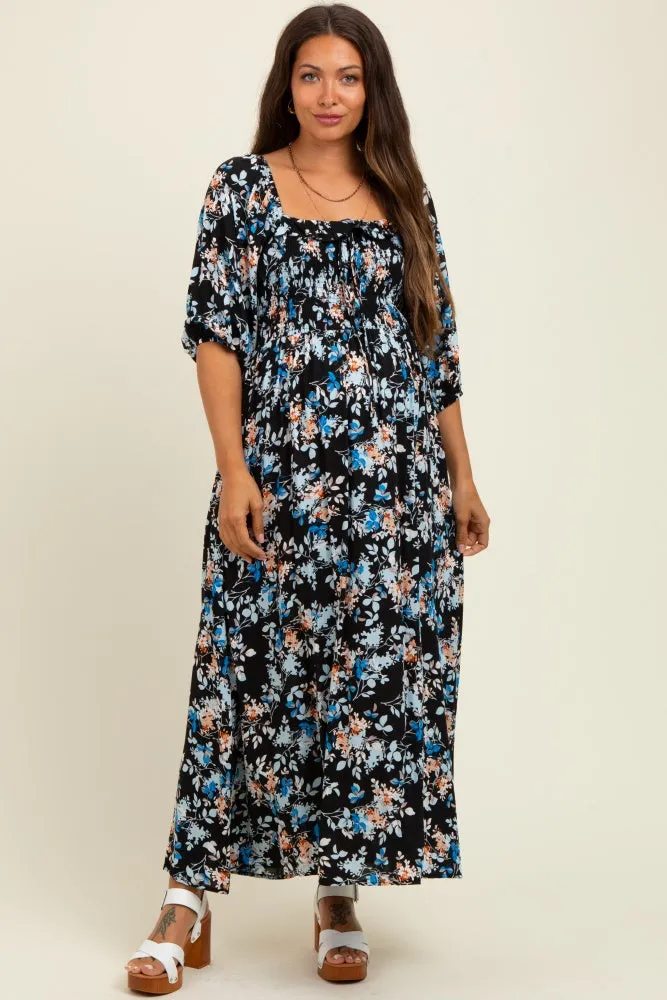 Black Floral Smocked Front Tie Maternity Maxi Dress sold by Pinkblush product image thumbnail 2