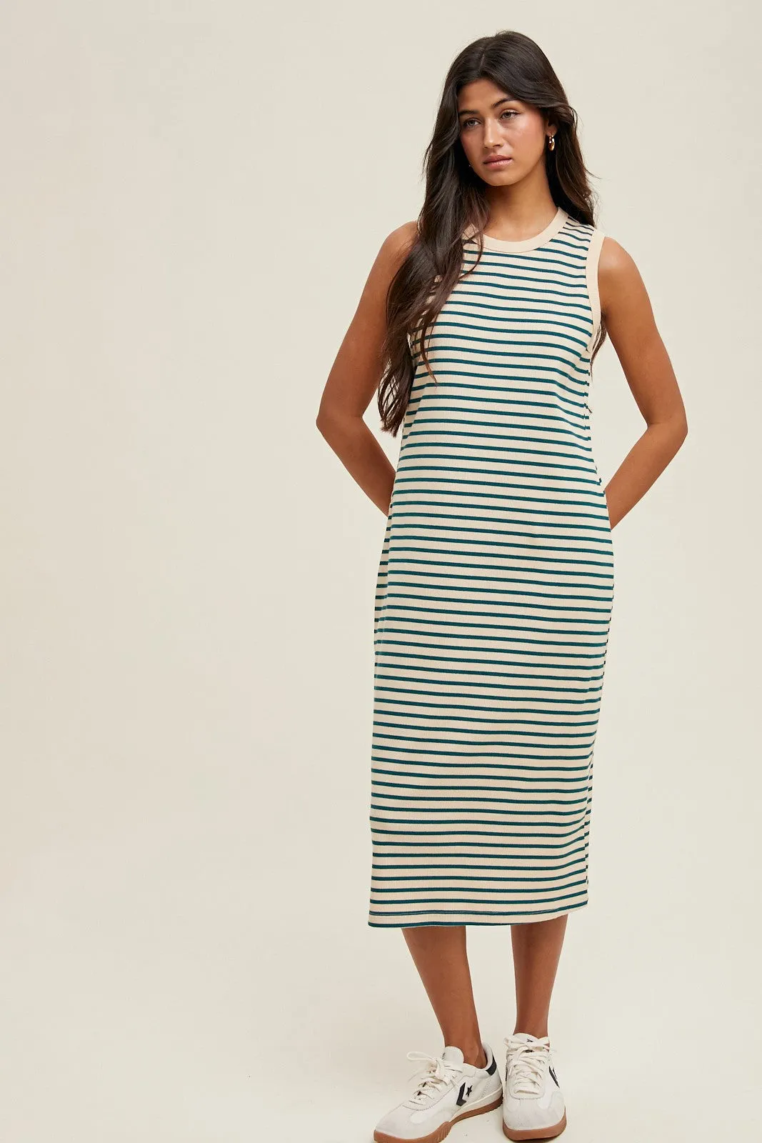 Deep Teal Striped Ribbed Knit Sleeveless Midi Dress sold by Pinkblush product image thumbnail 2