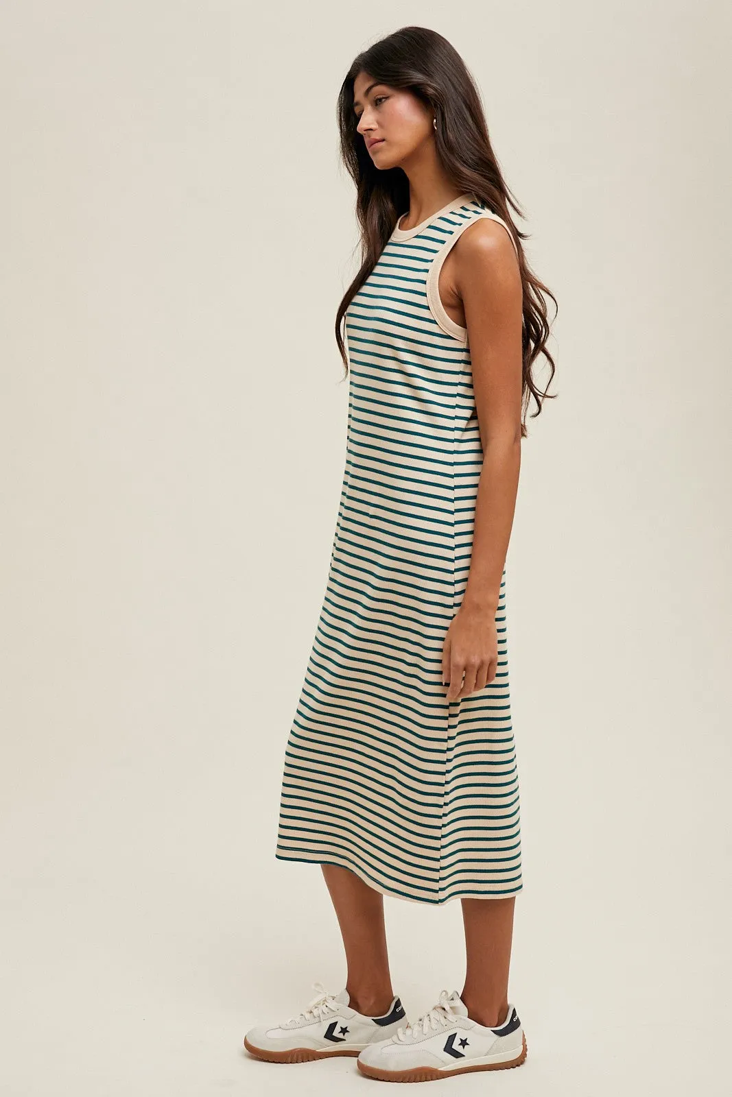 Deep Teal Striped Ribbed Knit Sleeveless Midi Dress sold by Pinkblush product image thumbnail 3