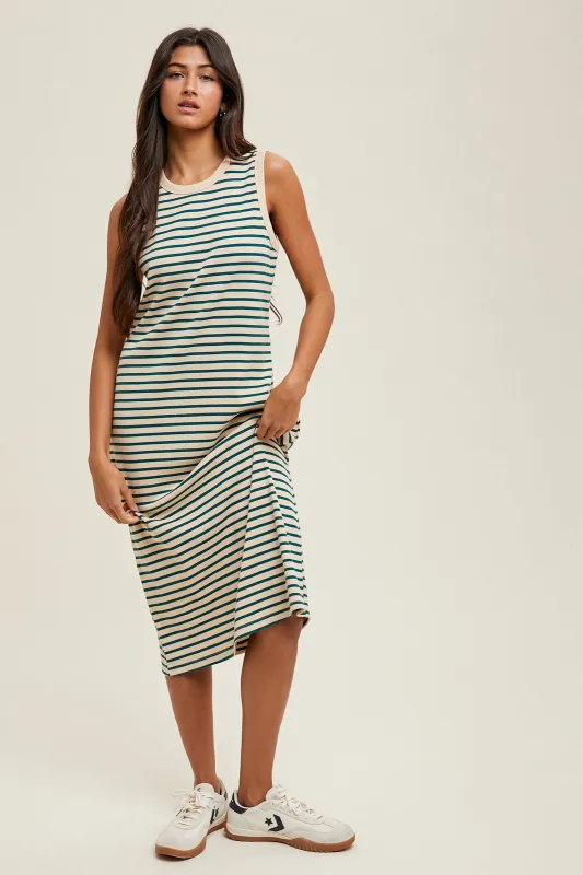 Deep Teal Striped Ribbed Knit Sleeveless Midi Dress sold by Pinkblush