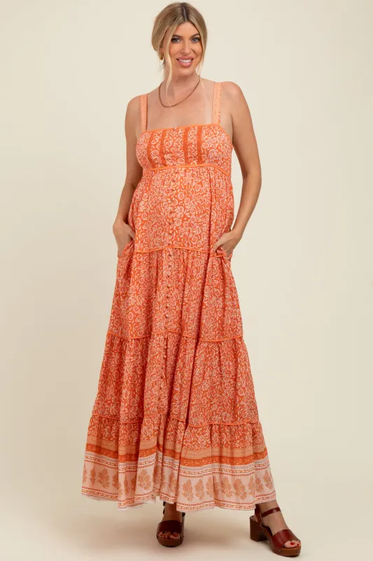 Orange Border Print Sleeveless Maternity Maxi Dress sold by Pinkblush