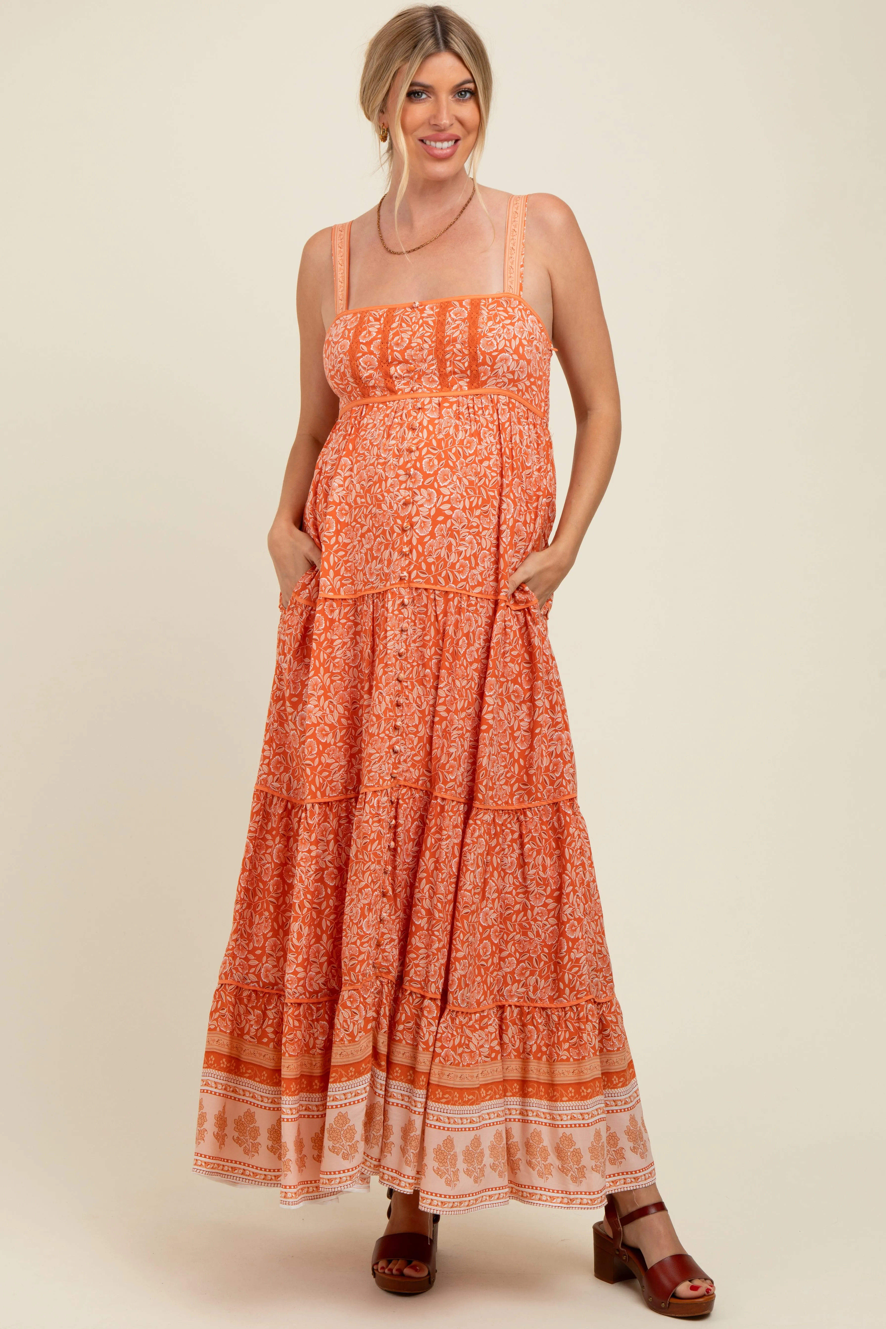 Orange Border Print Sleeveless Maternity Maxi Dress sold by Pinkblush