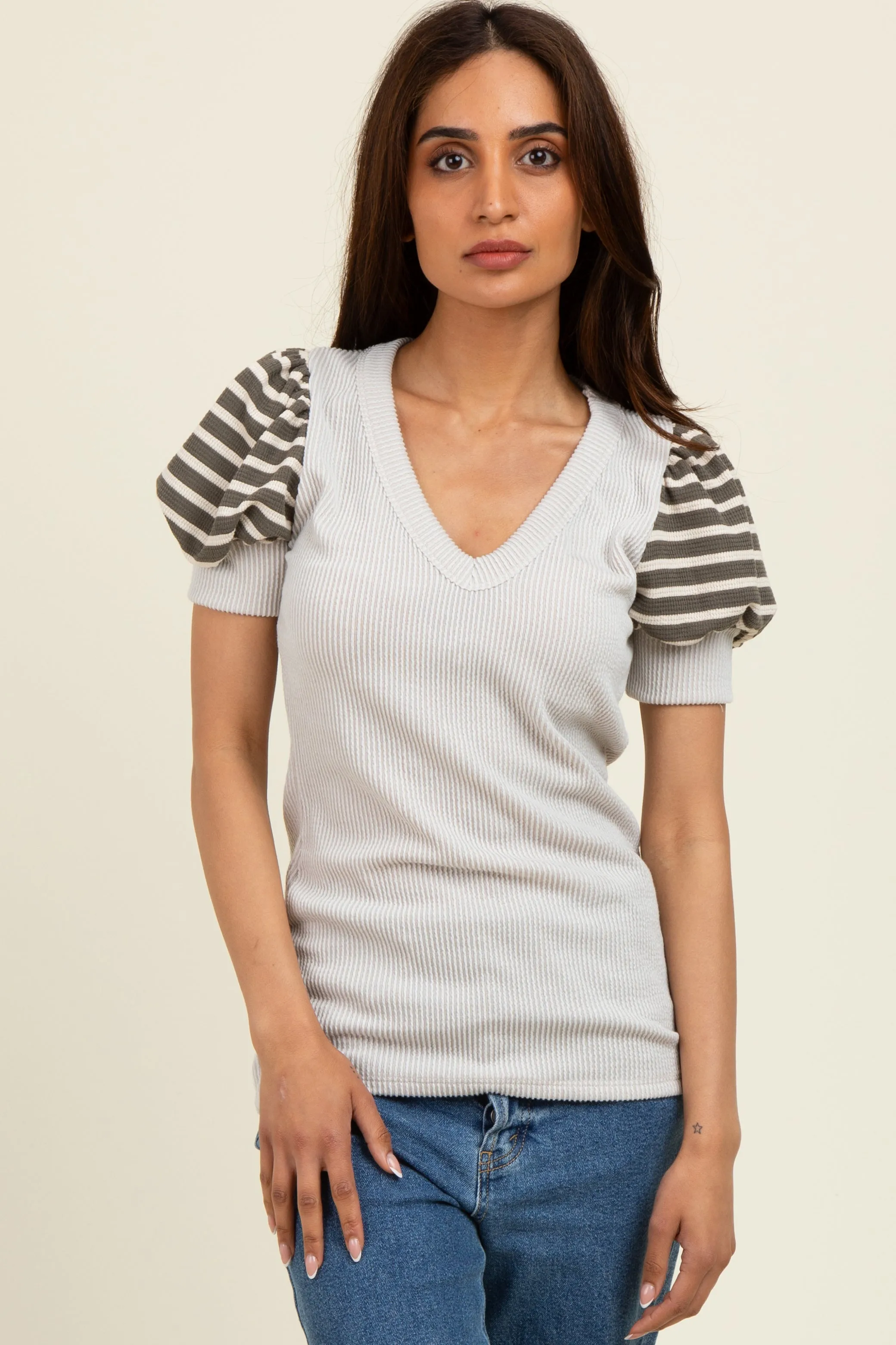 Beige/Olive Striped Ribbed Short Puff Sleeve V-Neck Top sold by Pinkblush