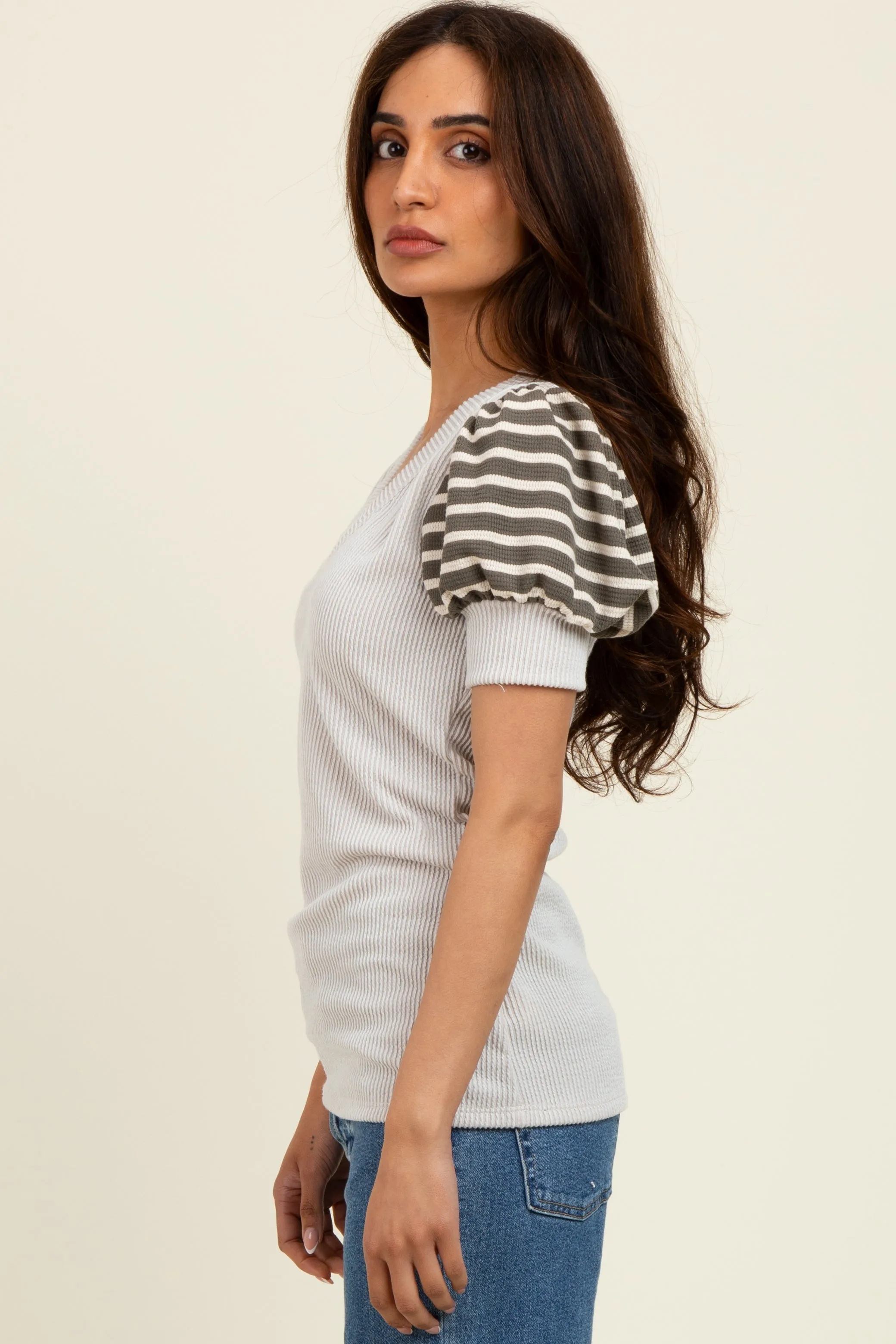 Beige/Olive Striped Ribbed Short Puff Sleeve V-Neck Top sold by Pinkblush product image thumbnail 2
