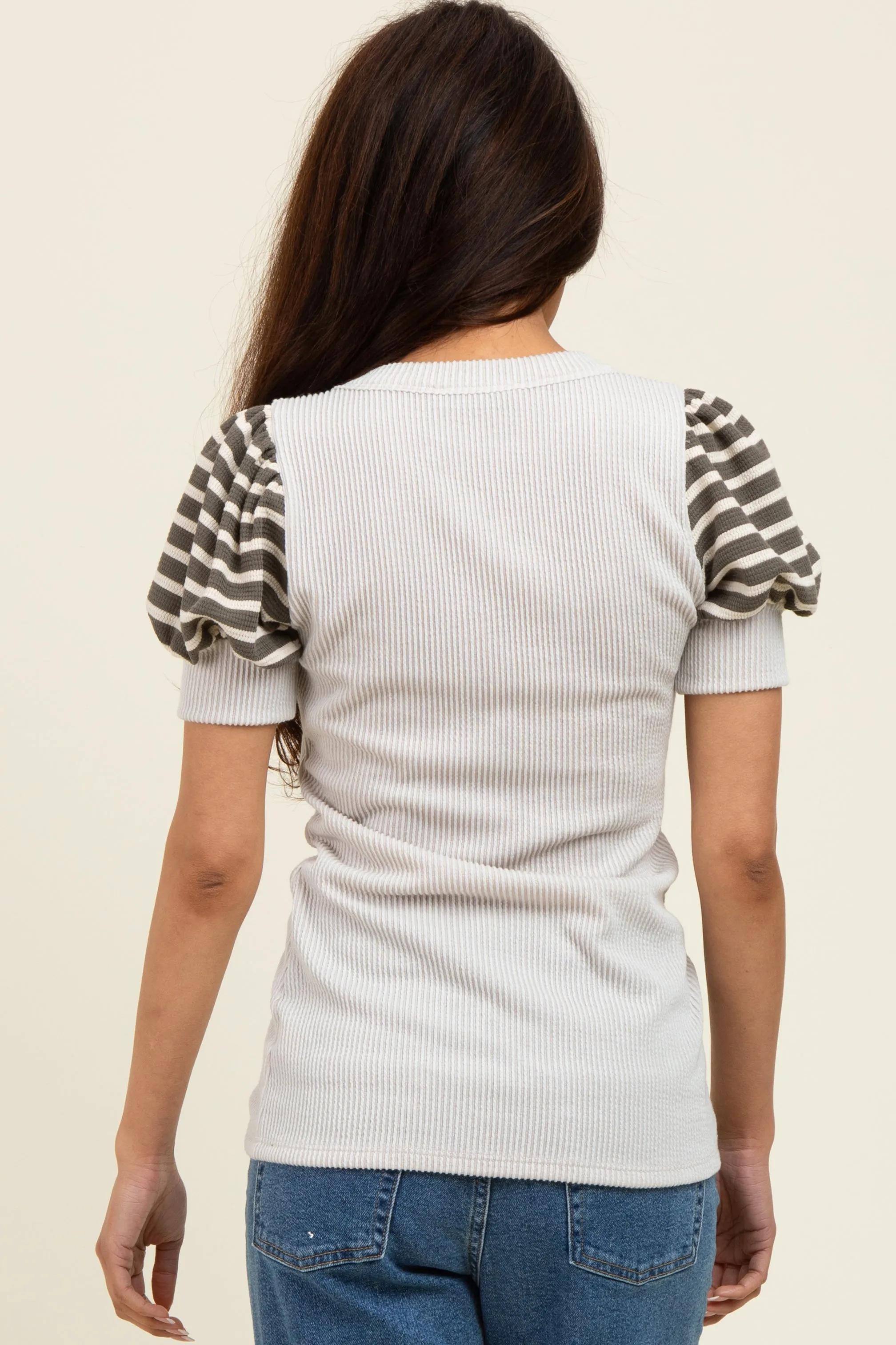 Beige/Olive Striped Ribbed Short Puff Sleeve V-Neck Top sold by Pinkblush product image thumbnail 3