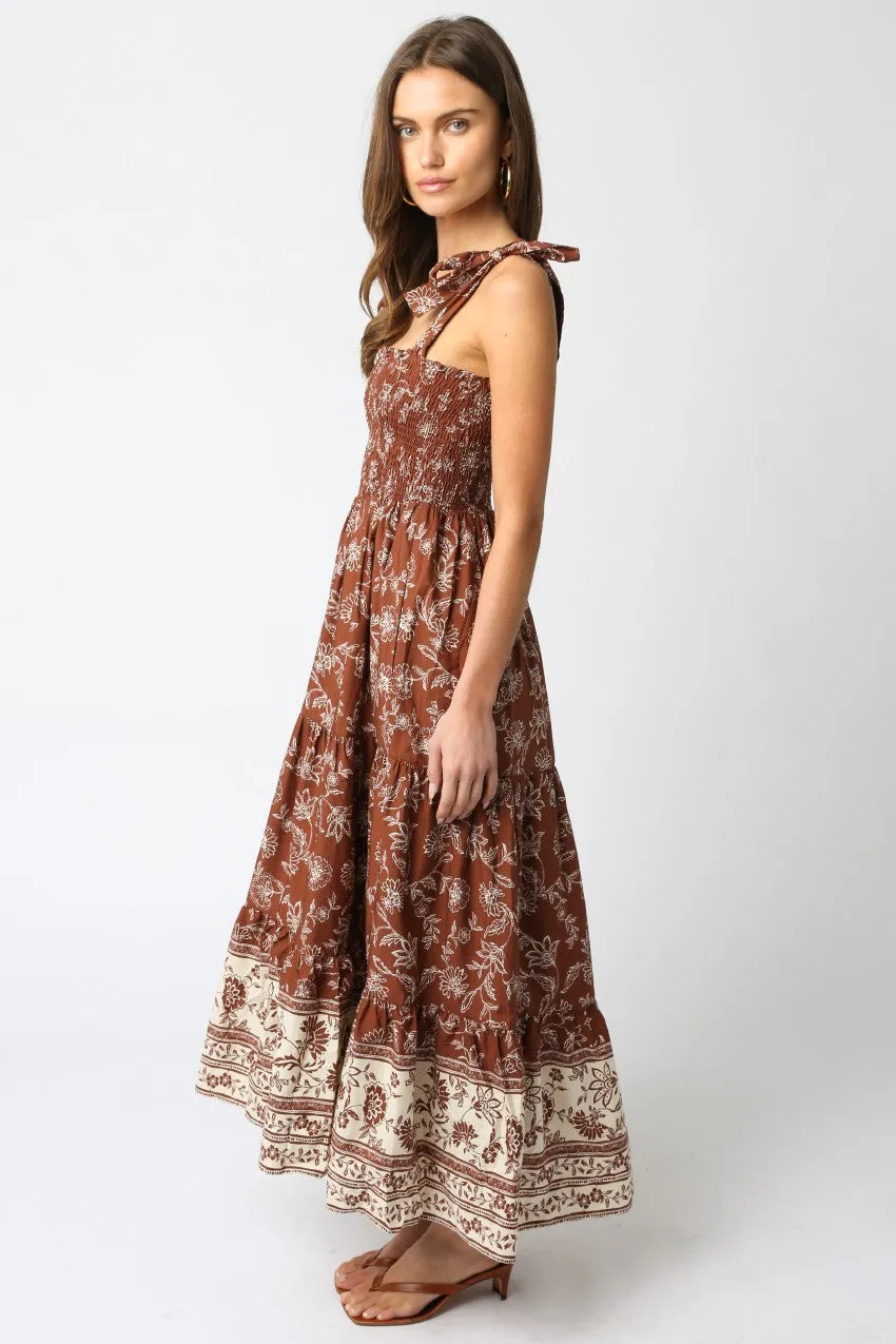 Brown Floral Smocked Shoulder Tie Maxi Dress sold by Pinkblush product image thumbnail 2