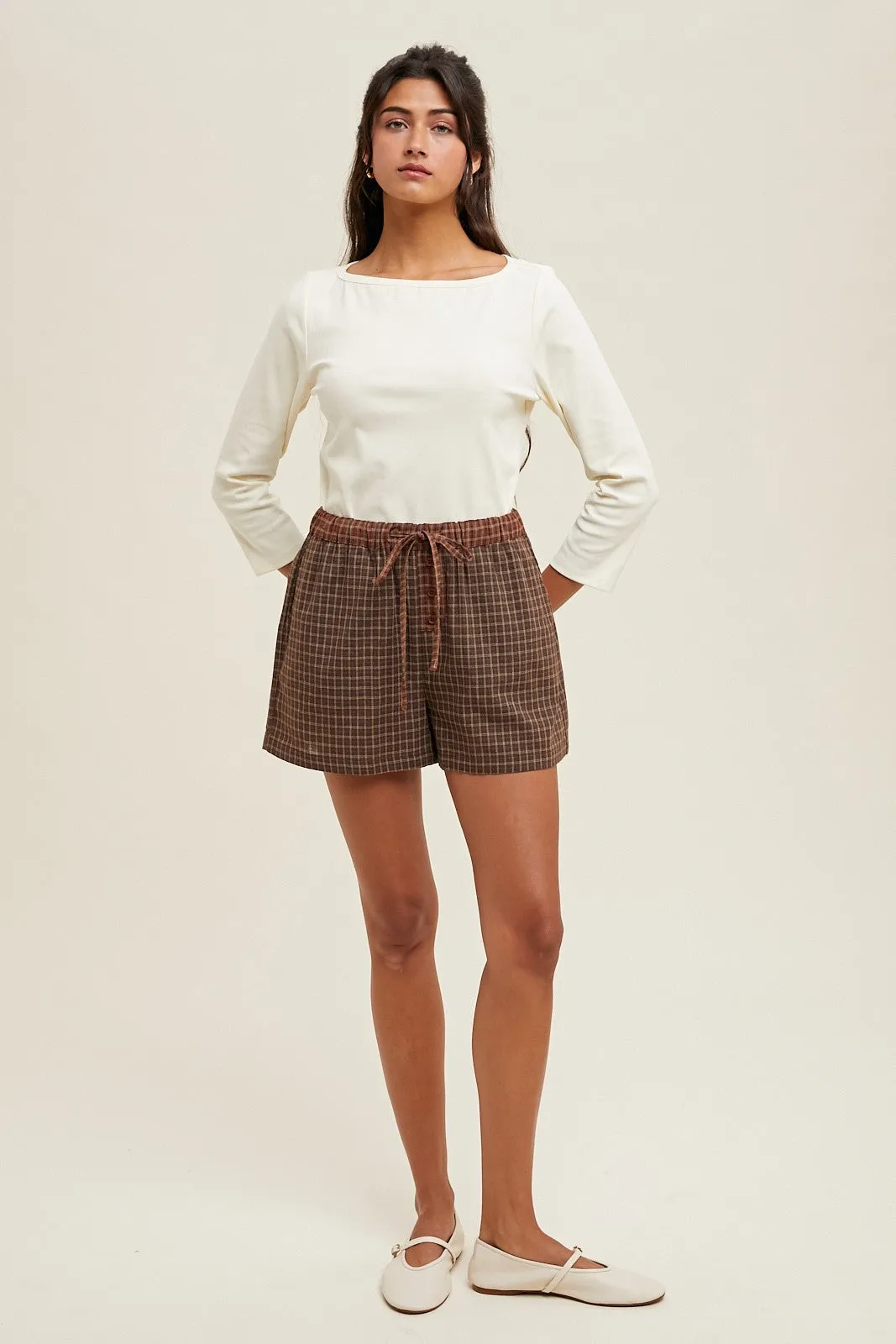 Brown Plaid Drawstring Button Accent Shorts sold by Pinkblush