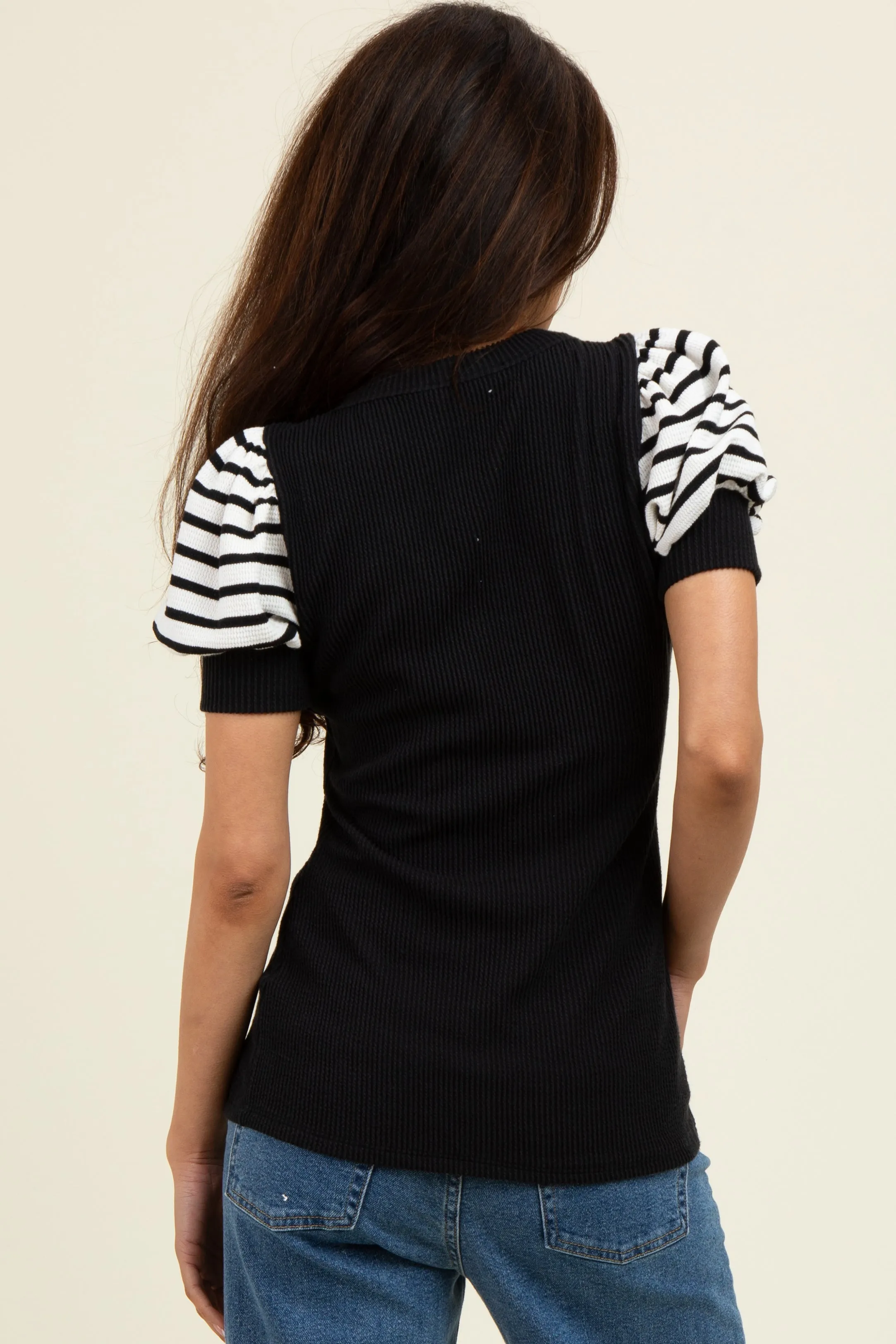 Black/Ivory Striped Ribbed Short Puff Sleeve V-Neck Top sold by Pinkblush product image thumbnail 3