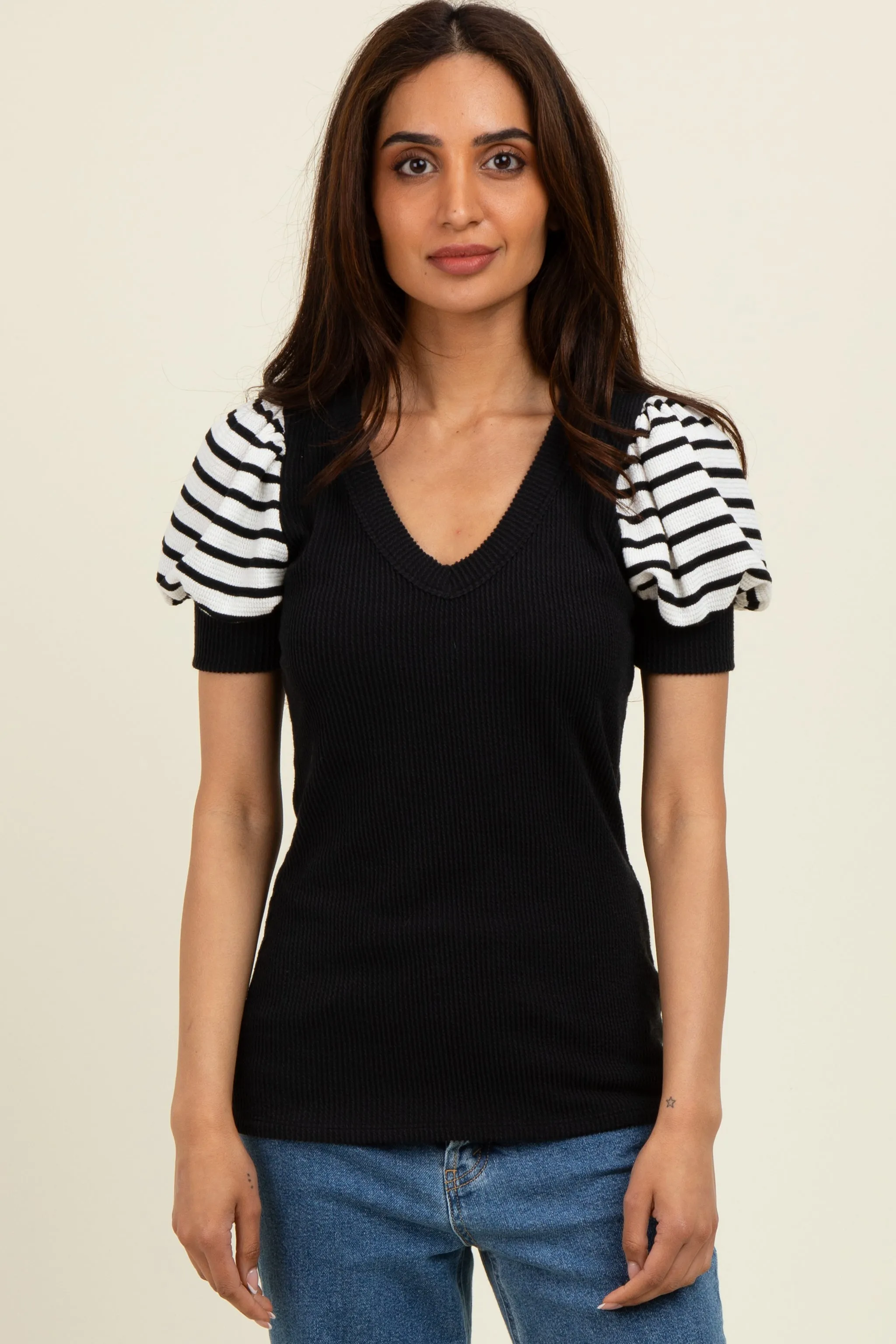 Black/Ivory Striped Ribbed Short Puff Sleeve V-Neck Top sold by Pinkblush