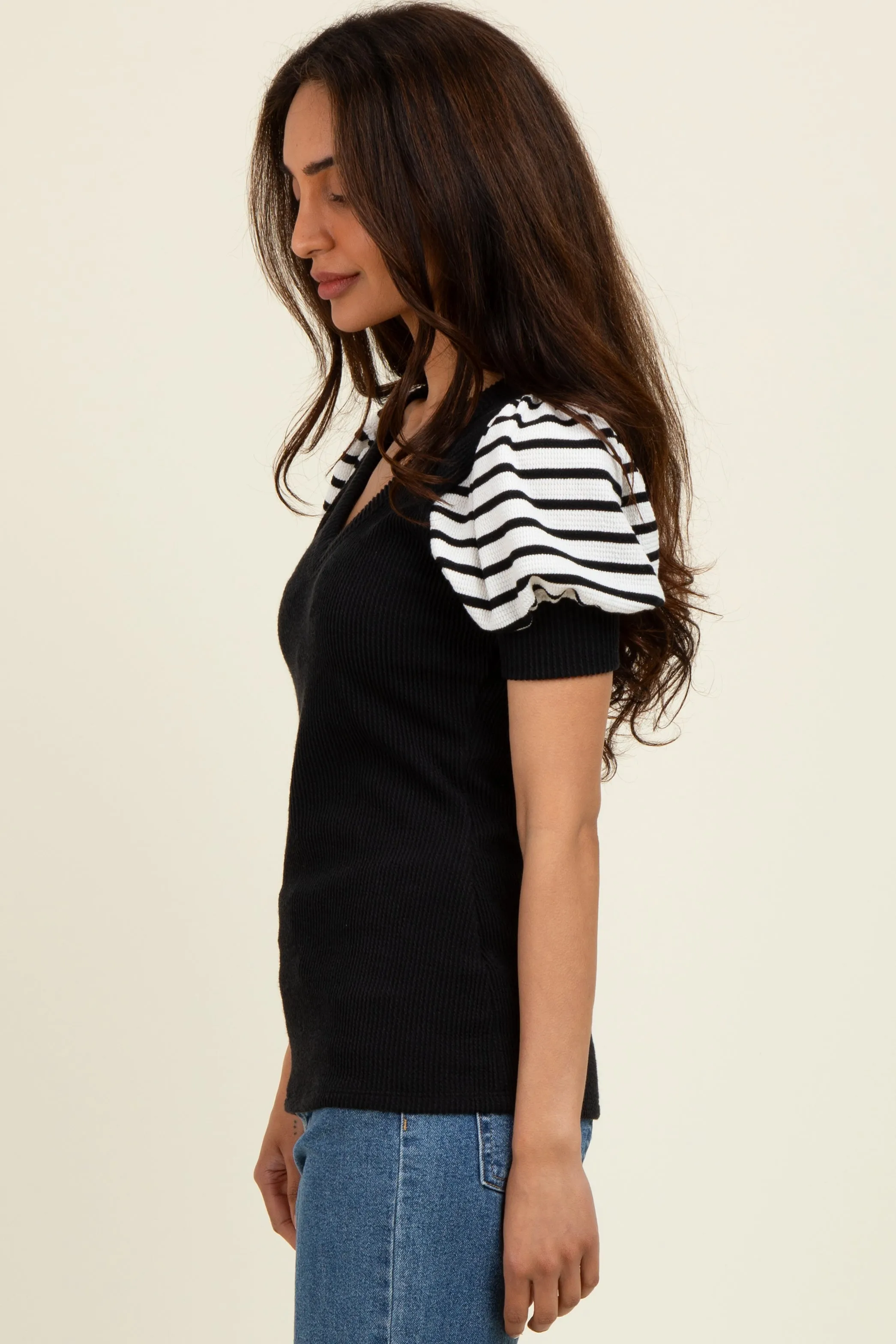 Black/Ivory Striped Ribbed Short Puff Sleeve V-Neck Top sold by Pinkblush product image thumbnail 2