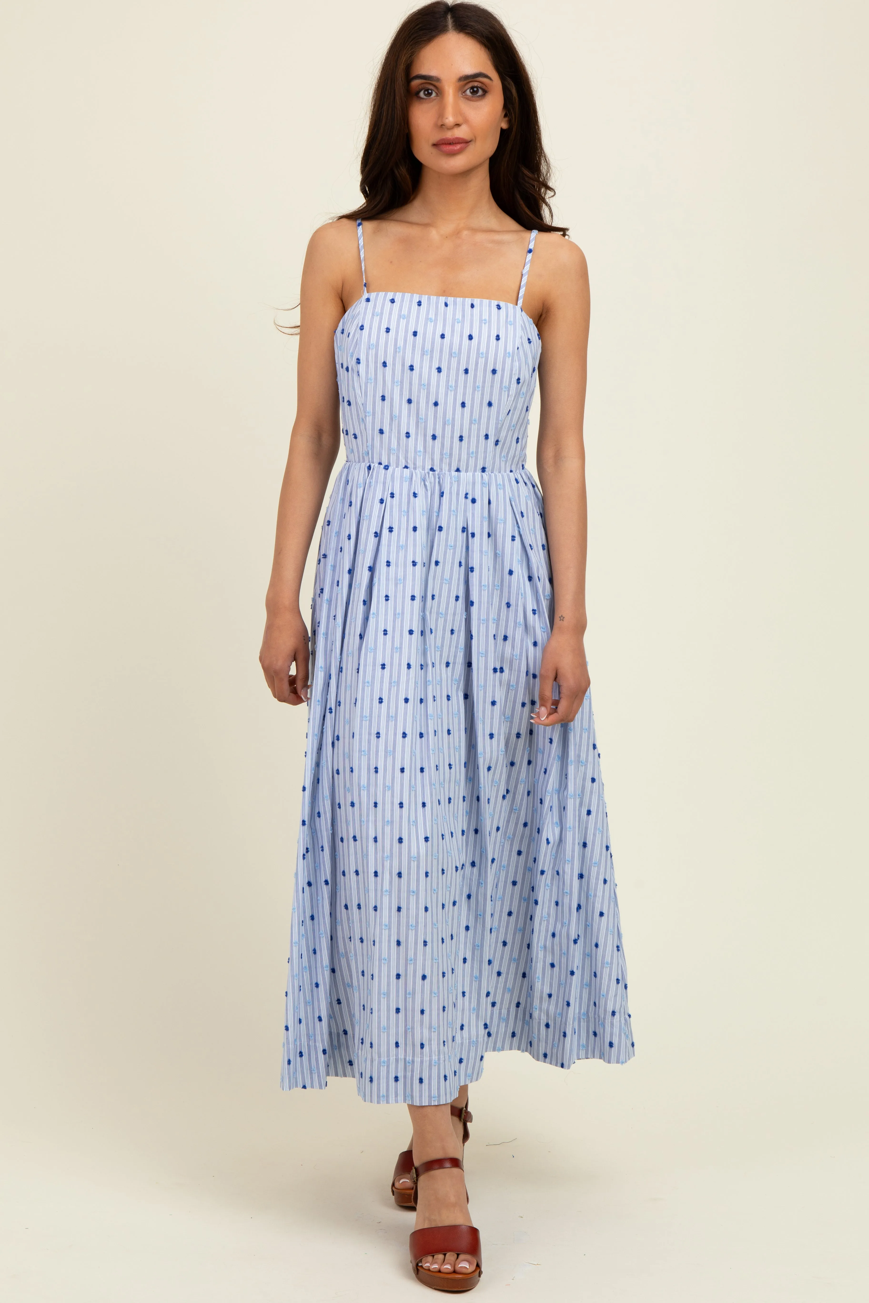 Blue Striped Swiss Dot Sleeveless Midi Dress sold by Pinkblush