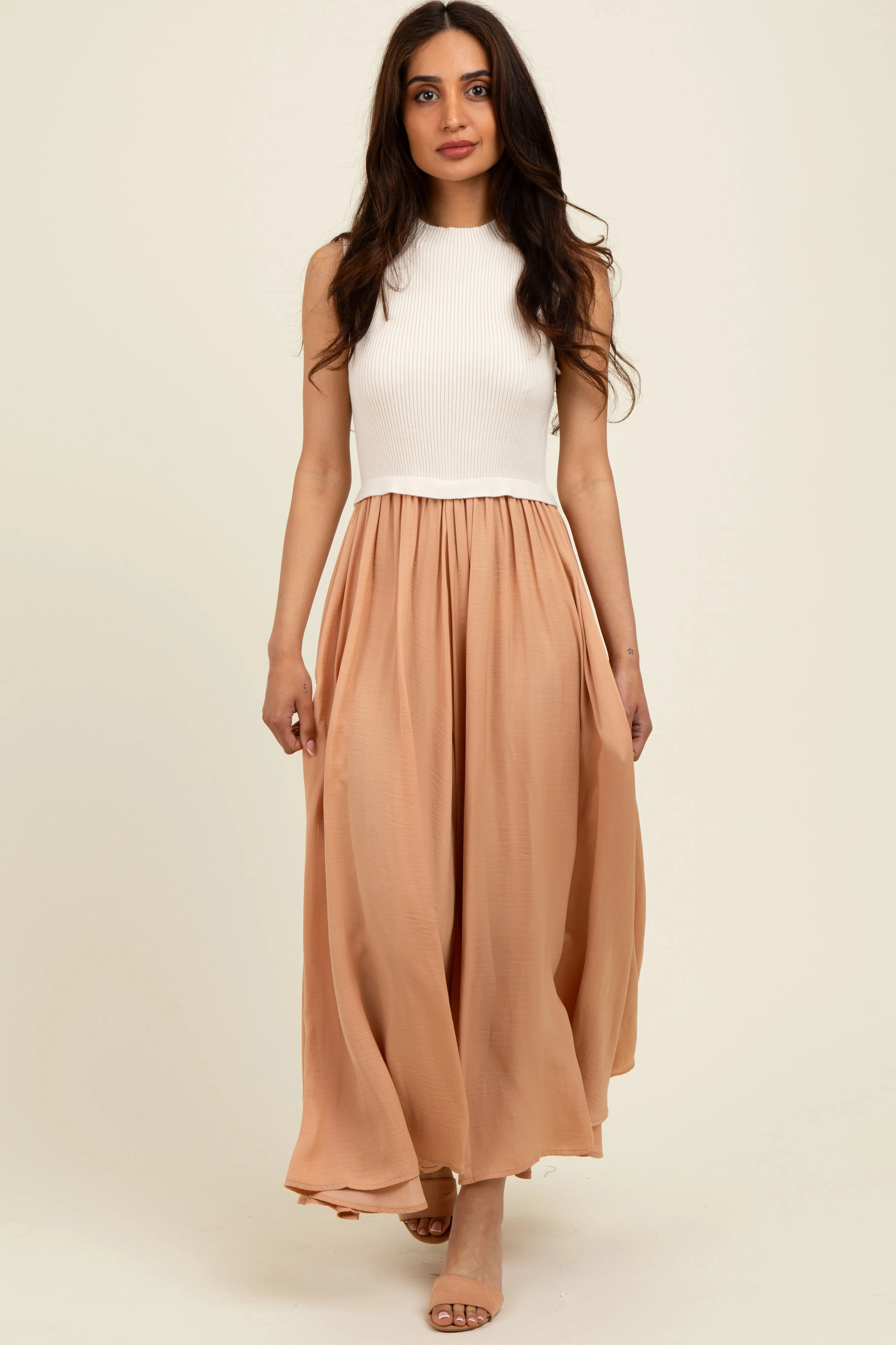 Beige Sleeveless Half Sweater And Satin Skirt Midi Dress sold by Pinkblush product image thumbnail 2