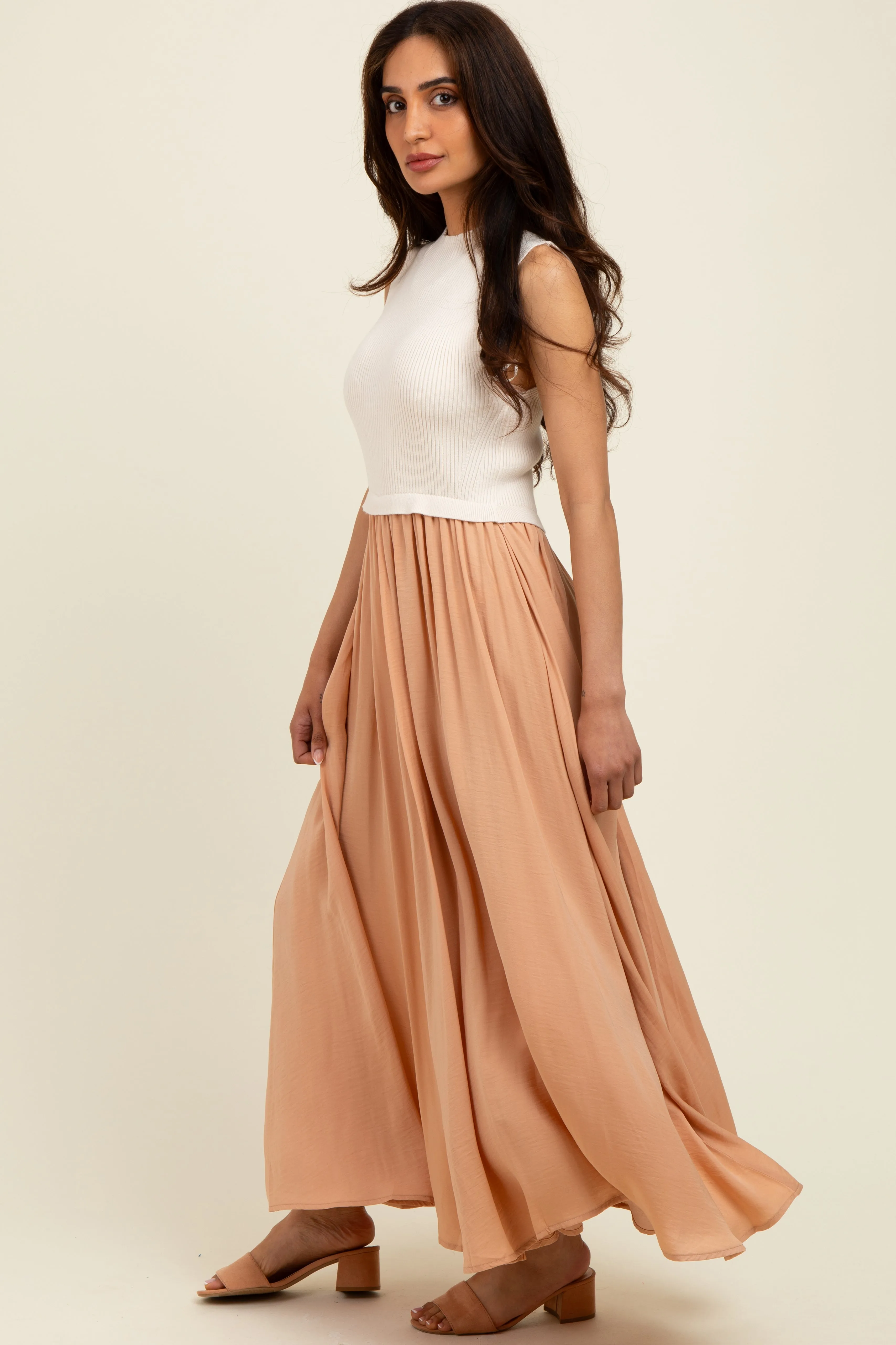 Beige Sleeveless Half Sweater And Satin Skirt Midi Dress sold by Pinkblush product image thumbnail 3