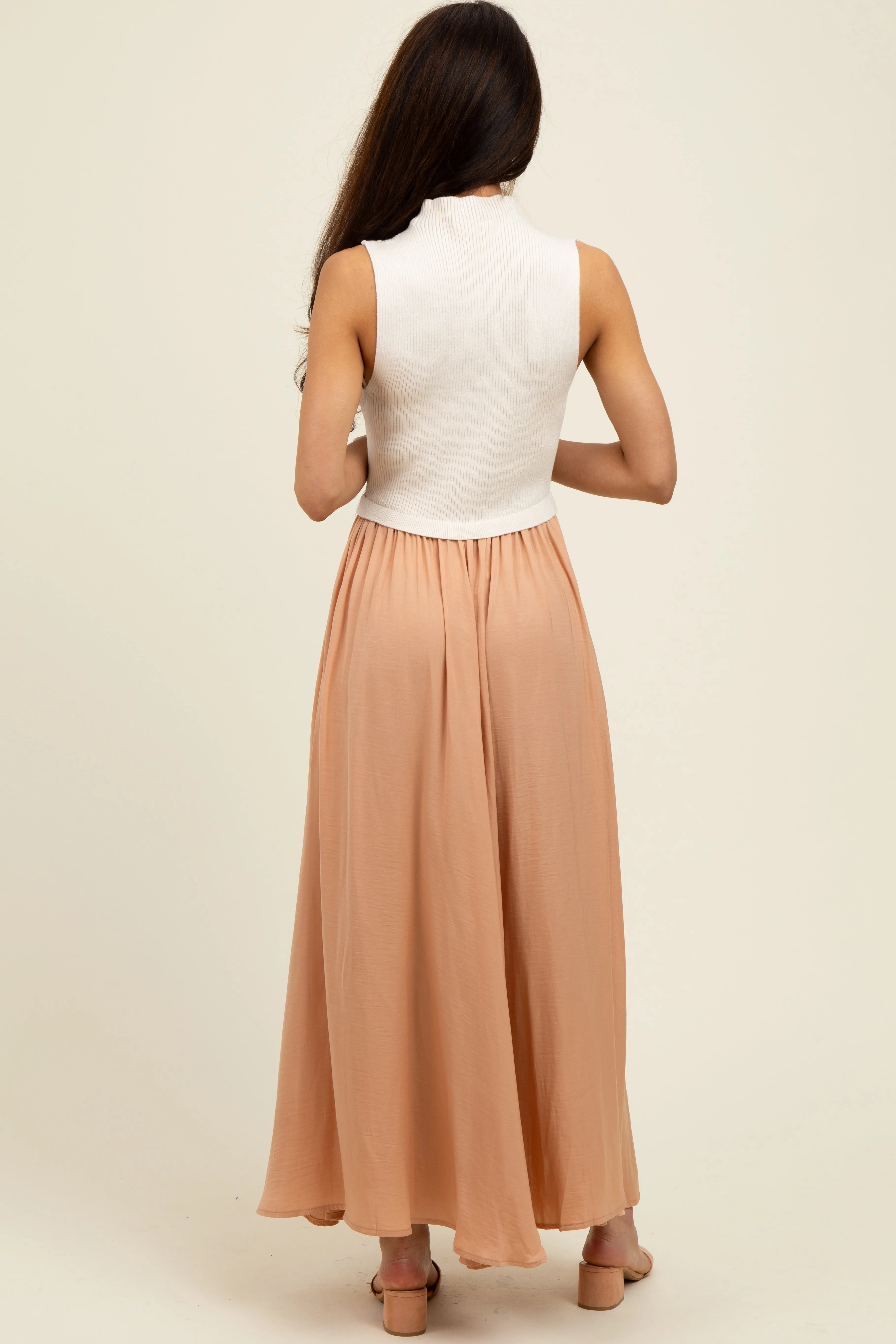 Beige Sleeveless Half Sweater And Satin Skirt Midi Dress sold by Pinkblush product image thumbnail 4