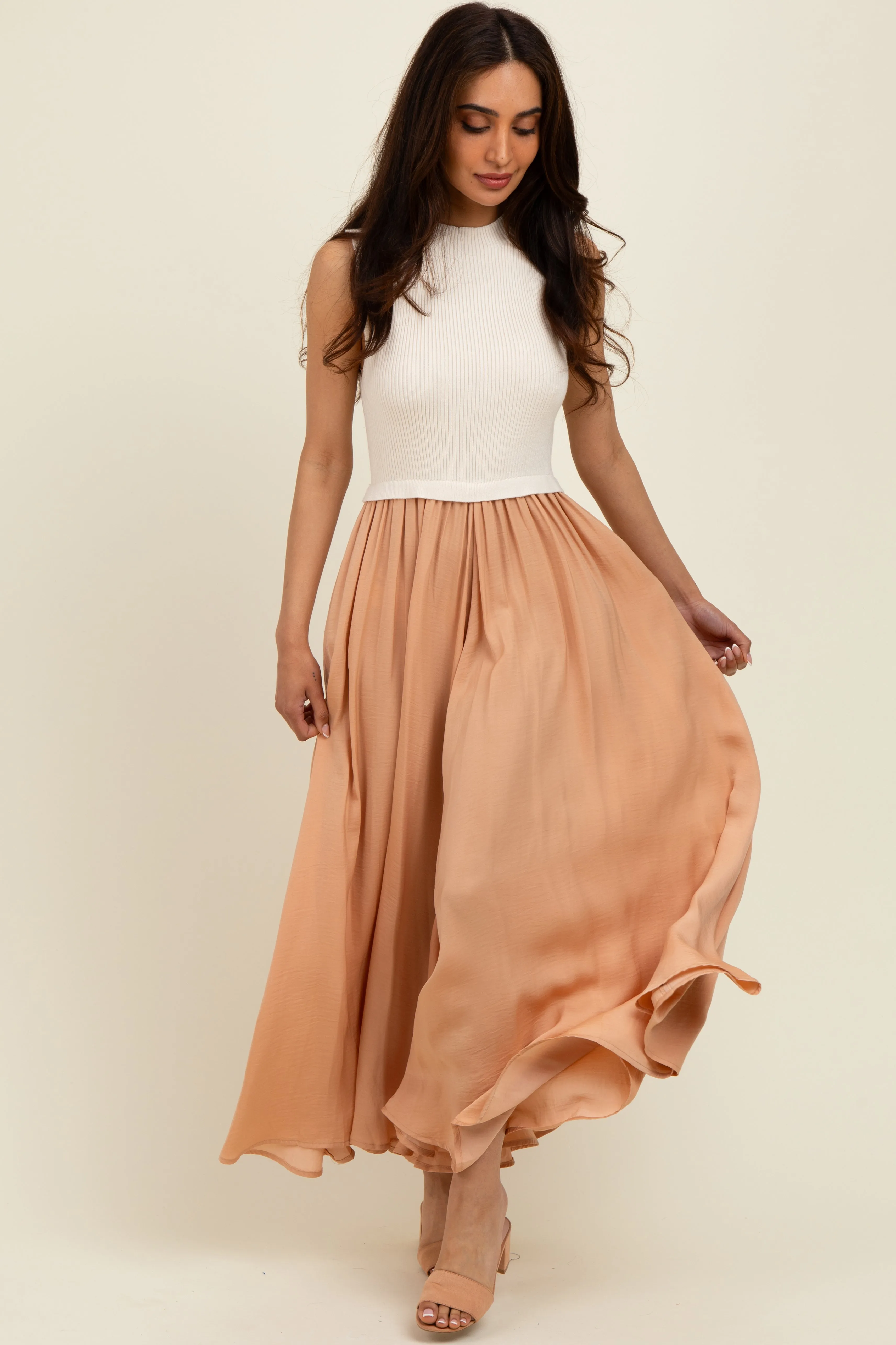 Beige Sleeveless Half Sweater And Satin Skirt Midi Dress sold by Pinkblush