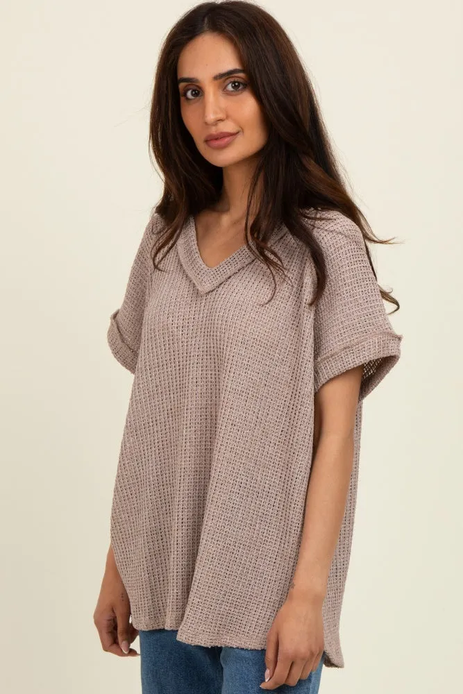 Mocha Short Sleeve V-Neck Solid Waffle Knit Top sold by Pinkblush