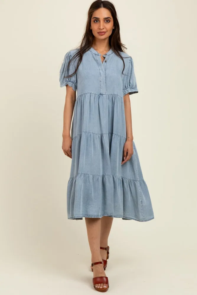 Light Blue Chambray Charm Tiered Midi Dress sold by Pinkblush