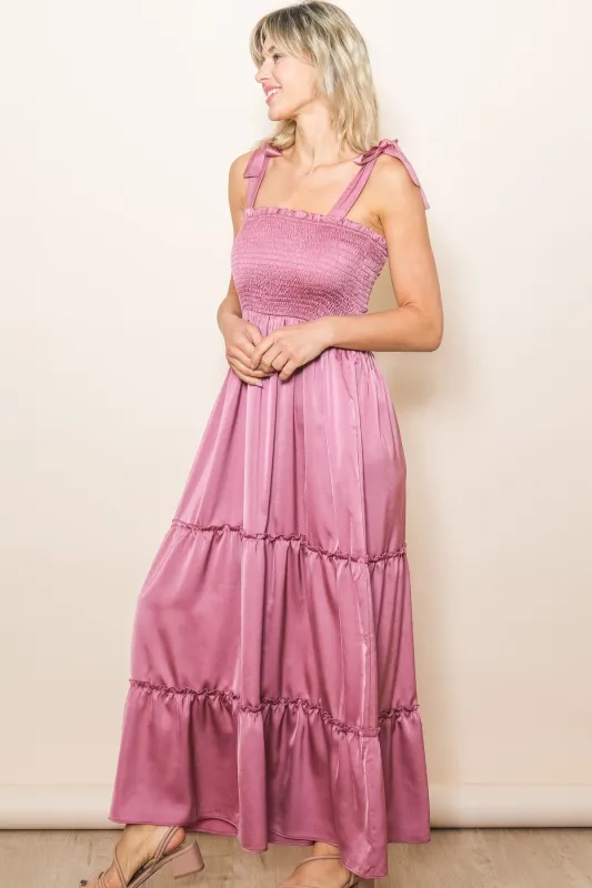 Pink Satin Smocked Maxi Dress sold by Pinkblush