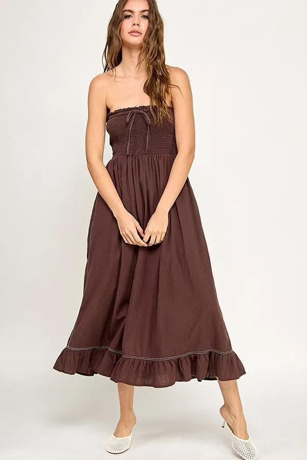 Brown Smocked Tube Midi Dress sold by Pinkblush