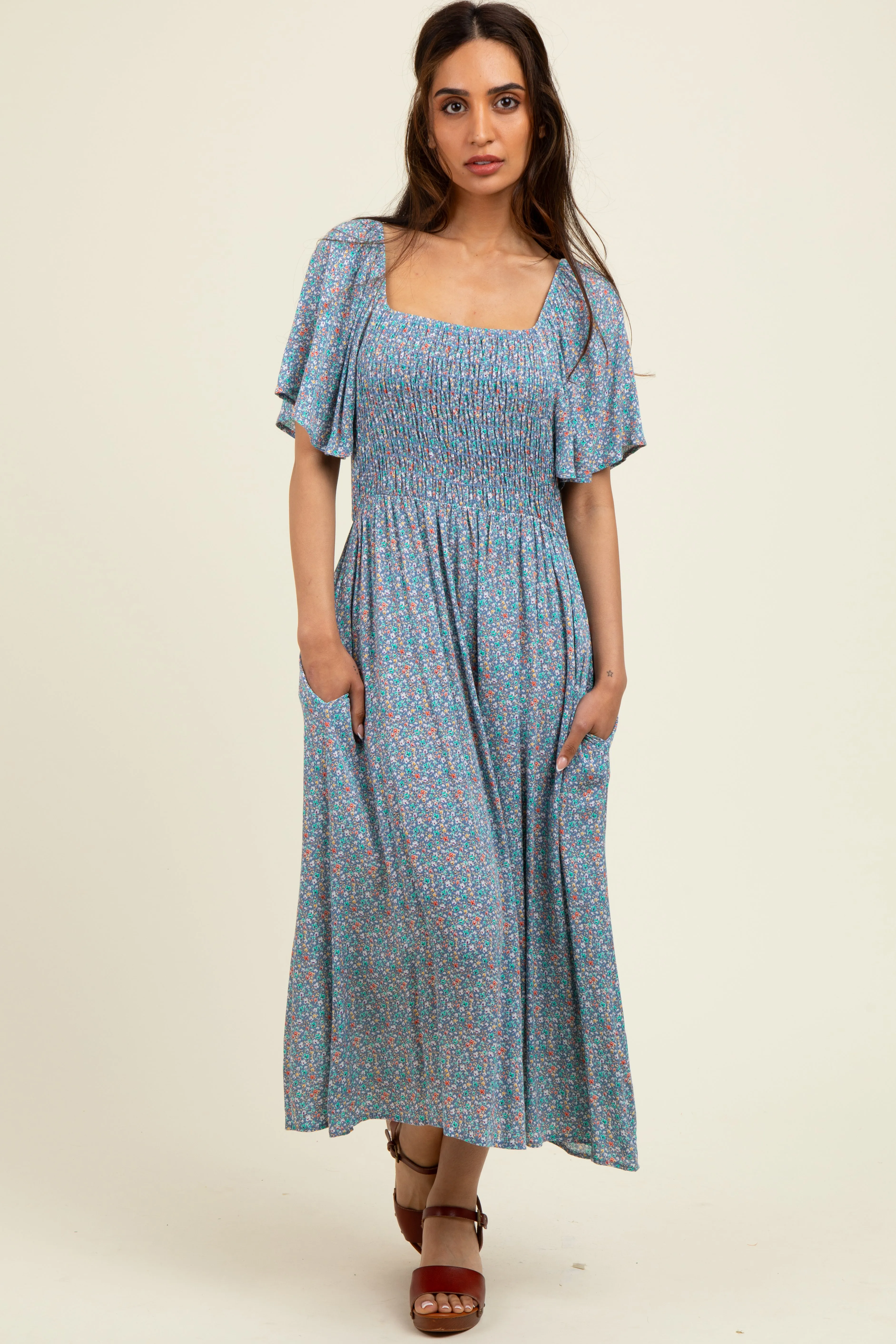 Blue/Pink Printed Dress With Pockets sold by Pinkblush