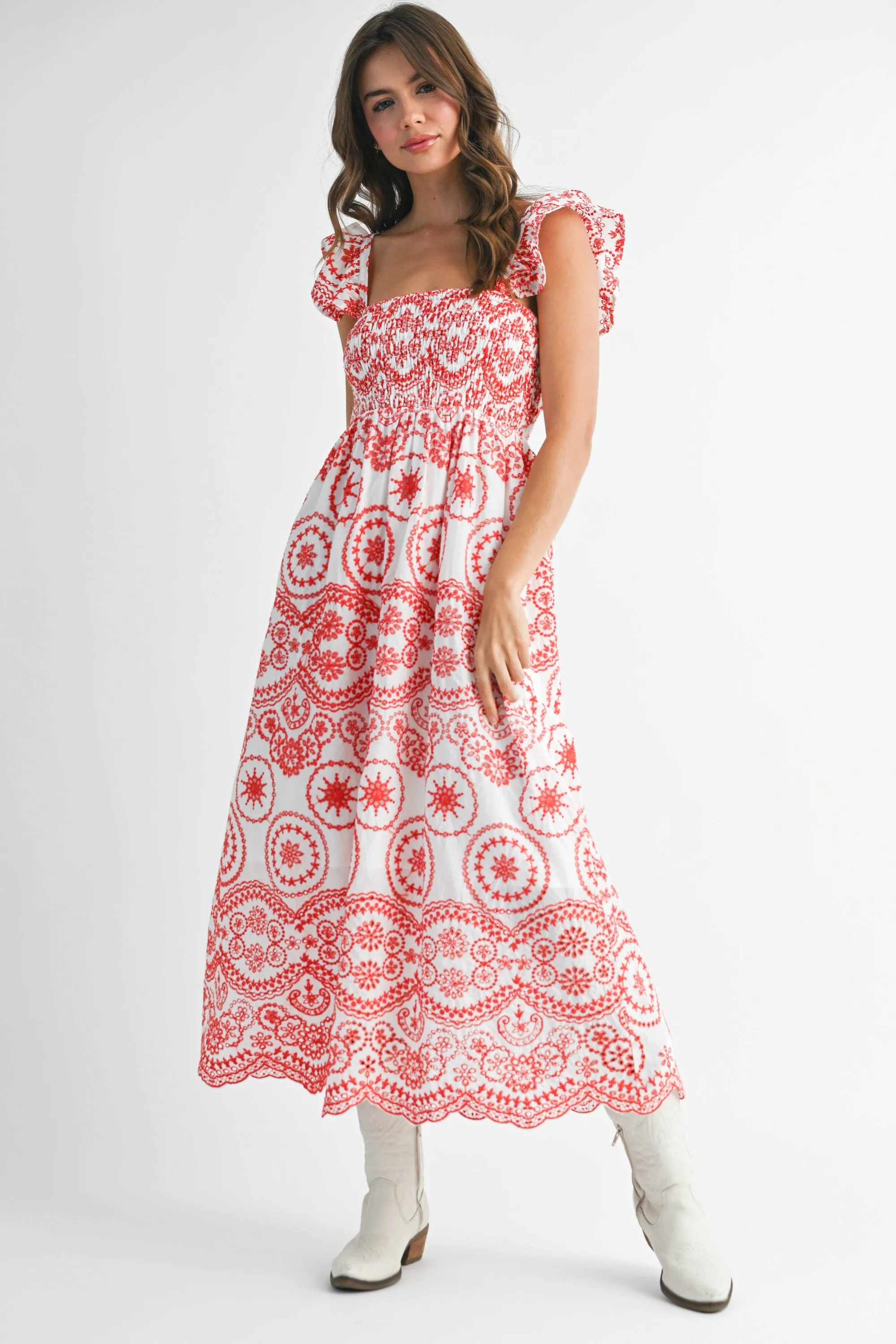 Red Embroidered Smocked Cutout Midi Dress sold by Pinkblush